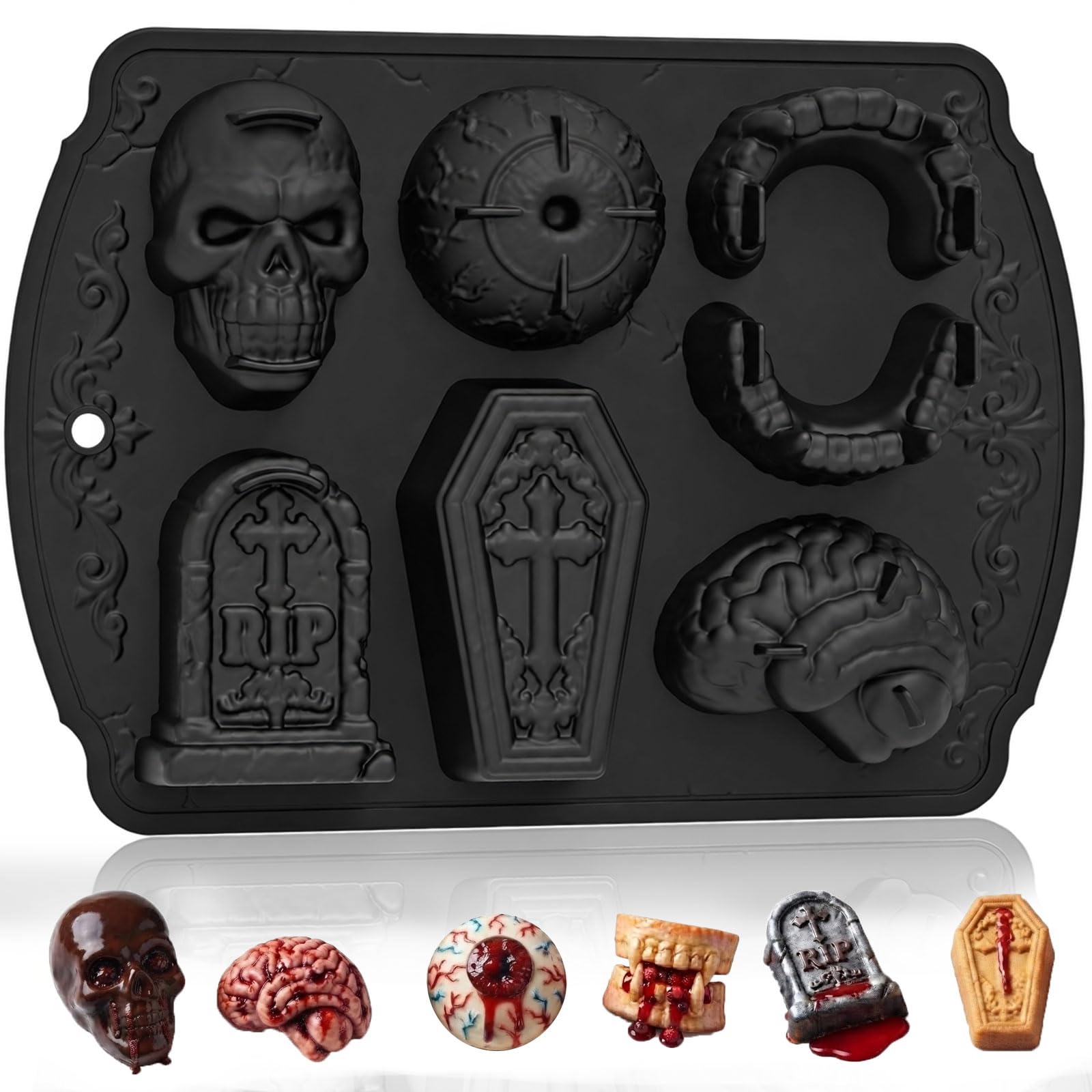 HKNMTT Skull Cake Pizza Pan 6 Spooky Shapes Halloween Silicone Baking Mold