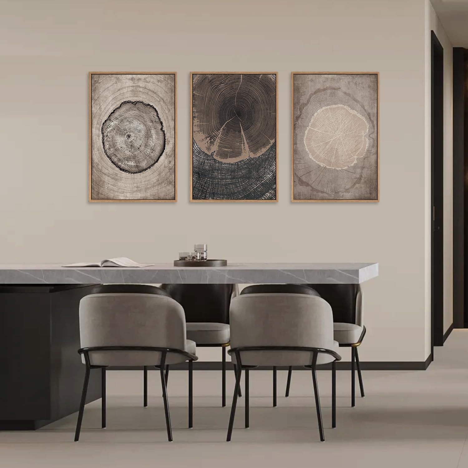 Chditb Beige Tree Ring Framed Canvas Wall Art Set, Modern Wood Stump Wall Decor, Abstract Black And White Wall Painting, Neutral