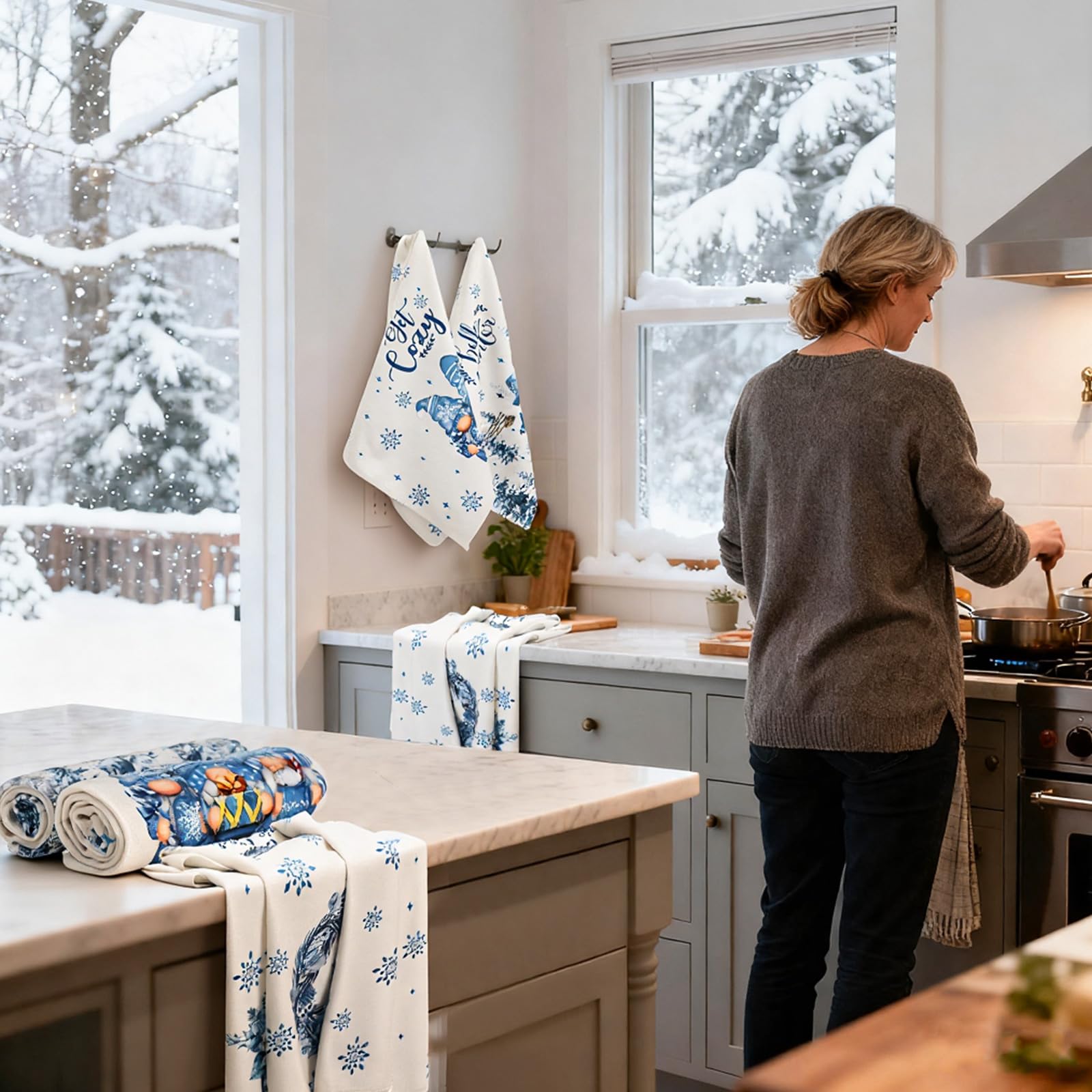 Breling Set of 6 Christmas Kitchen Towel Hello Winter Dish Towel Let It Snow Bathroom Decorative Snowflake Snowman Dishcloth for