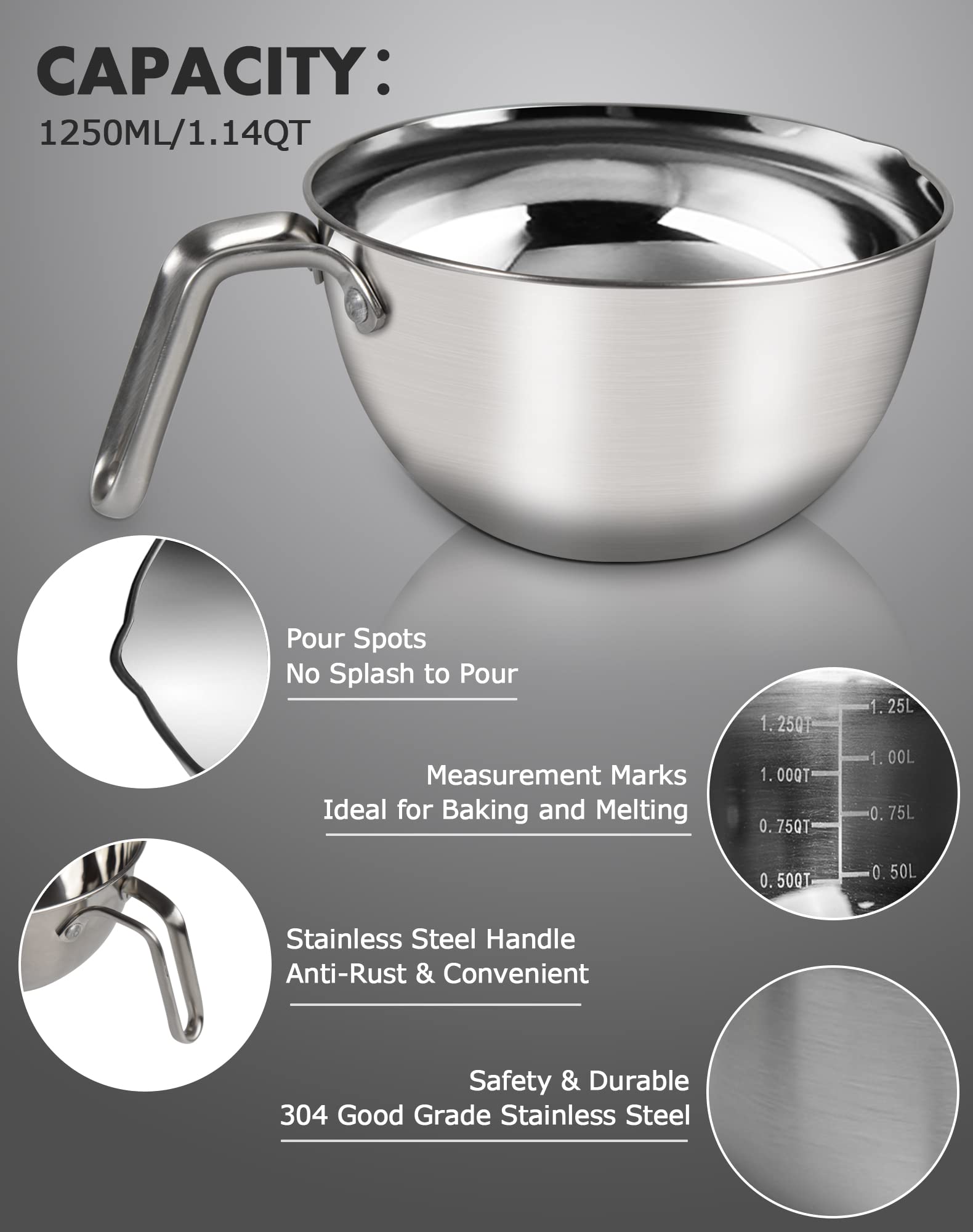 Double Boiler Pot Set 1250ML/1.1QT Mixing Bowl for Chocolate Melting  2200ML/ 2QT 304 Stainless Steel Pot With Silicone Spatula for Melting Chocolate  Candy  Candle  Soap  Wax