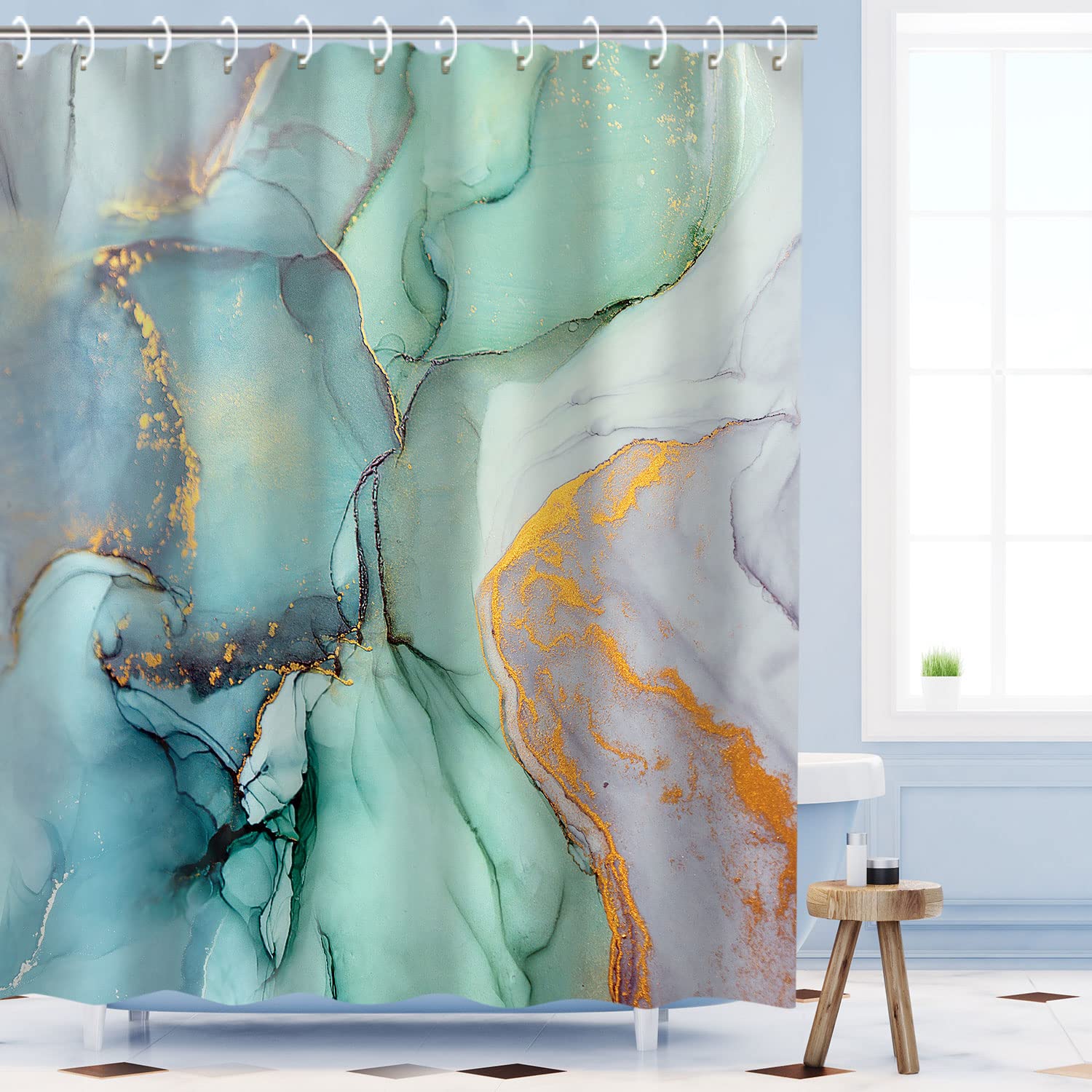 RosieLily Green Shower Curtain  Marble Shower Curtains Set with 12 Hooks  Green Marble Shower Curtain  Blue Gray Shower Curtain for Bathroom  Green Abstract Waterproof Bathroom Curtain  72Wx72H
