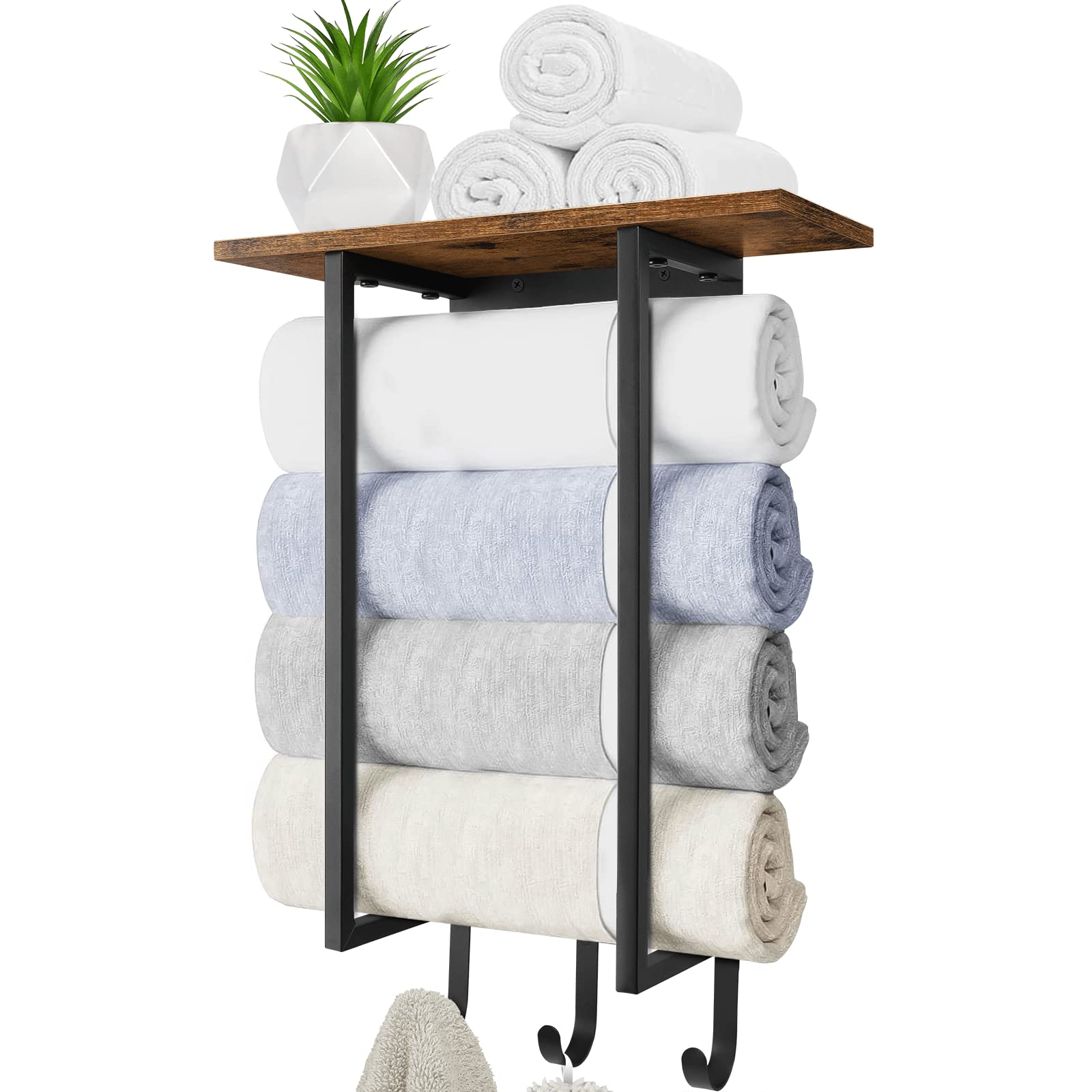 Eliteroo Towel Racks For Bathroom Wall Mounted, Towel Holder With Wooden Shelf And 3 Hooks For Washcloths Hand Towel, Bath Towel