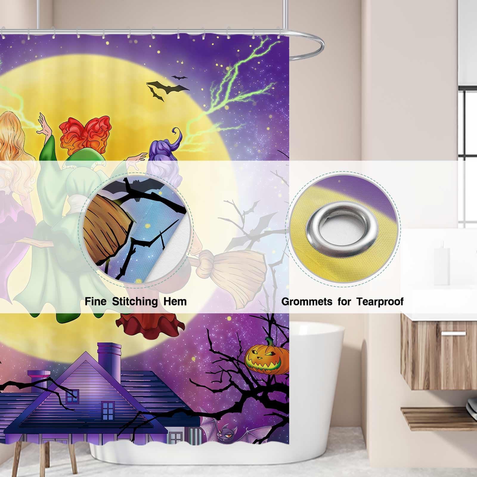 Allenjoy 72'' X 72'' Halloween Witches Shower Curtain Set Fall Autumn Moonlight Home Bath Bathtub Decorations Bathroom Decor Eas