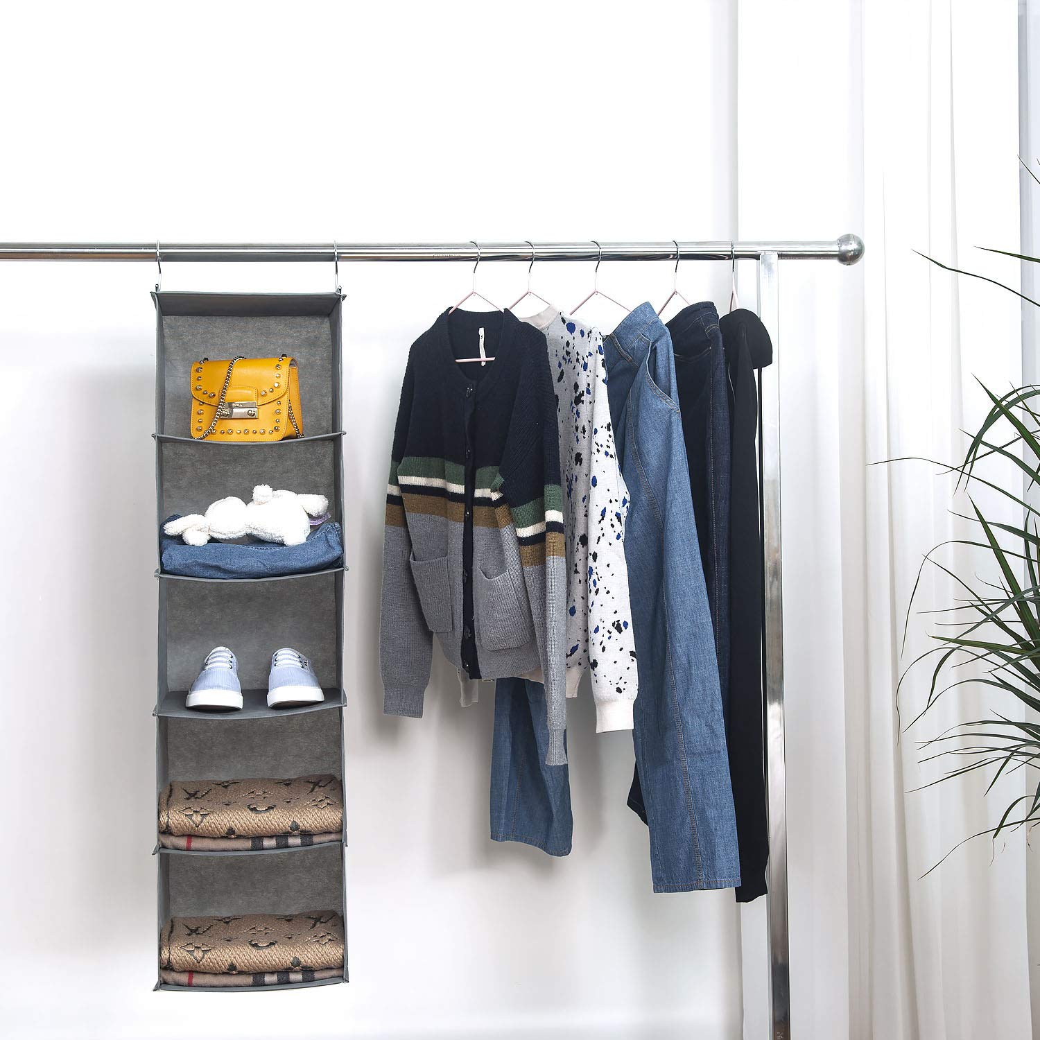 BrilliantJo 5 Shelves Hanging Closet Organizer  2 Pack Hanging Storage with 6 Side Pockets for Clothes Bags  43''x12''x12''(Gray)