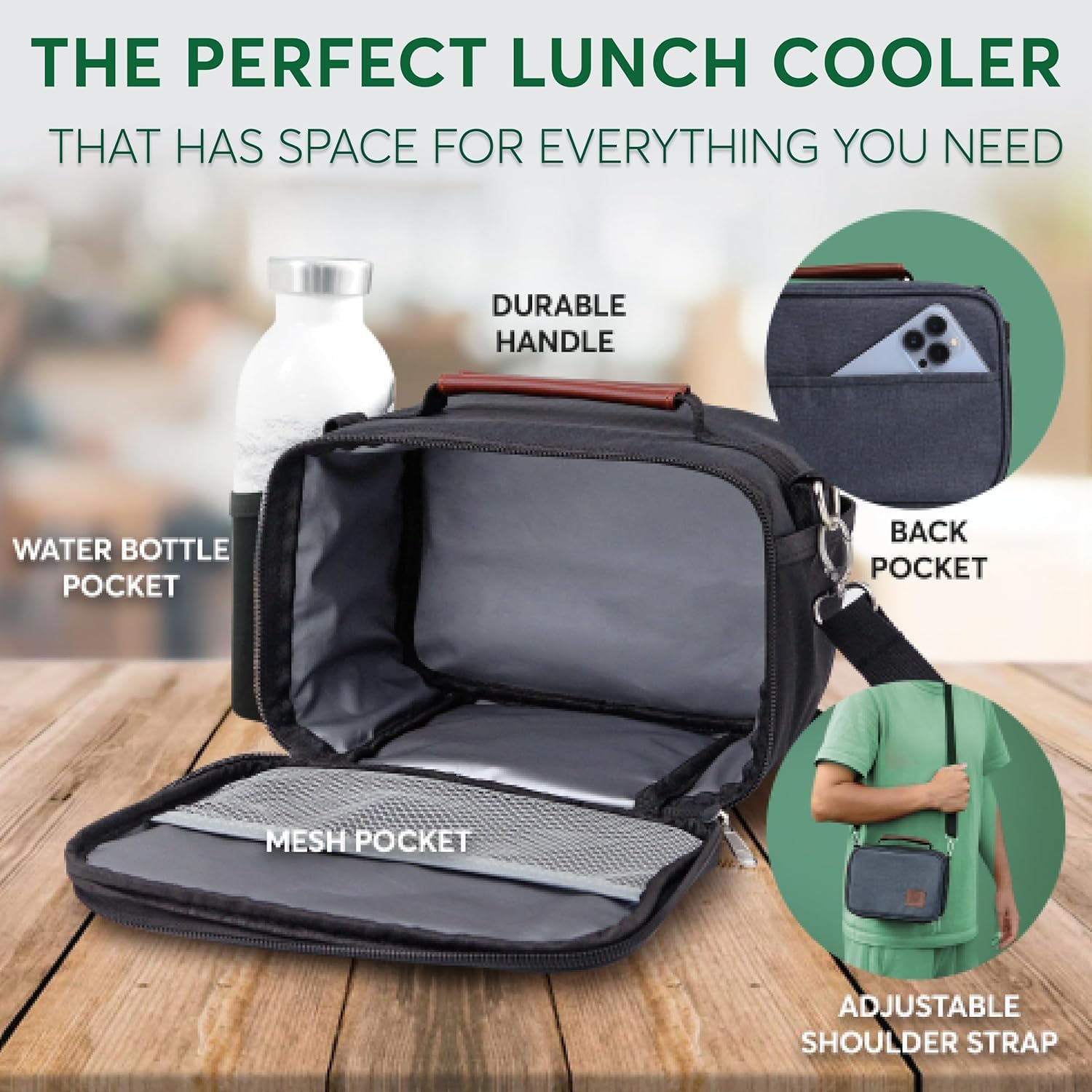 Umami Insulated Lunch Box Bag Women & Men W/Water Bottle Pocket W/Adjustable Shoulder Strap, Perfect-Size, Great For Work And Tr