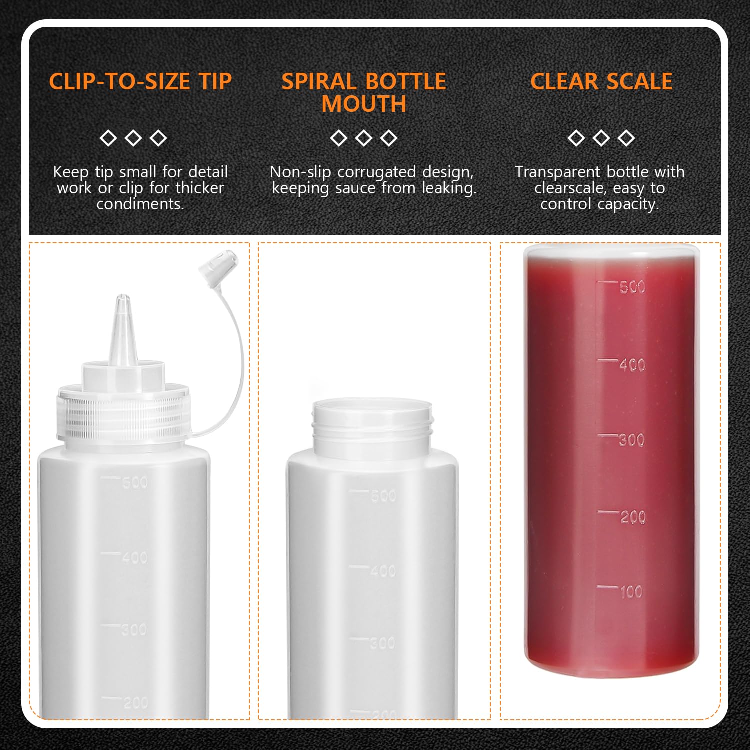 Oamceg 16Oz Condiment Squeeze Bottles - 8 Pack Durable Plastic Squeeze Squirt Bottle With Discrete Measurements, For Ketchup, Bb