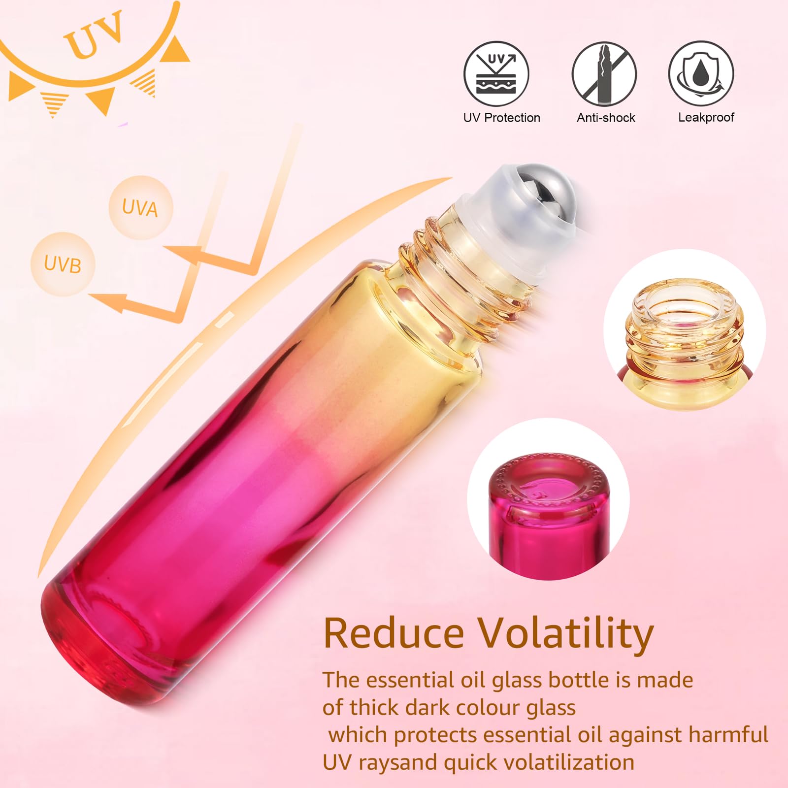 Jiuwu 10 Pack 10 Ml 0.17 Oz Yellow-Rose Gradient Glass Roller-On Bottles Beauty Cosmetic Essential Oils Stainless Steel Balls Ro