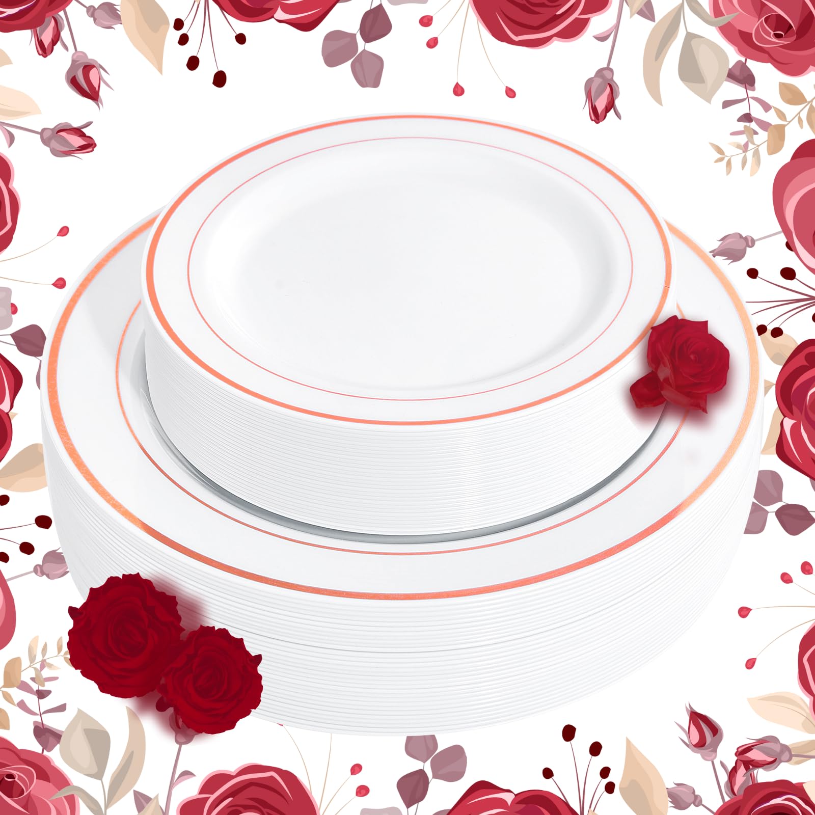 Flowercat 60Pcs Rose Gold Plastic Plates - Heavy Duty Rose Gold Plates Disposable For Wedding/Party/Valentine'S Day- Include 30P