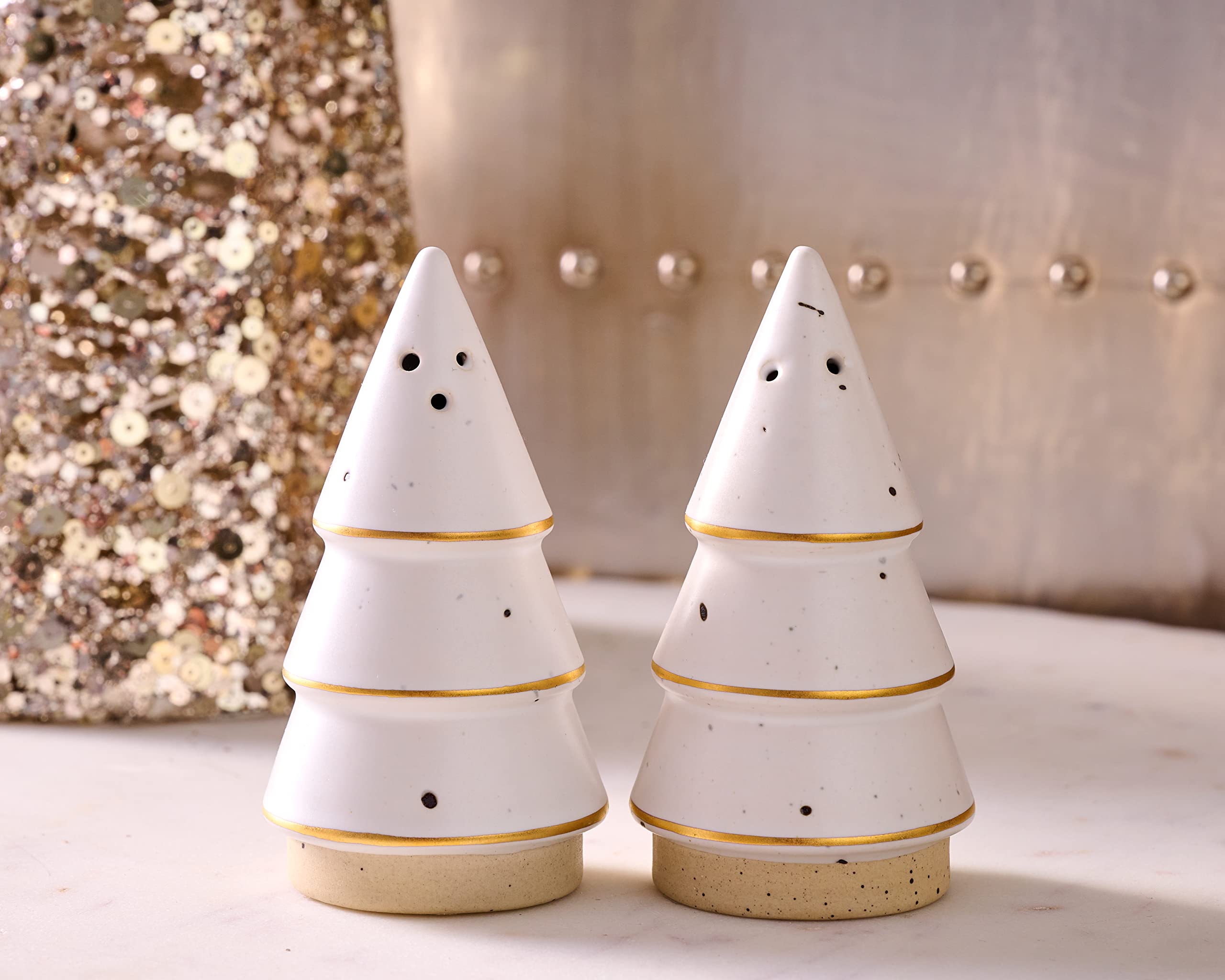 Mud Pie Stoneware Tree Salt And Pepper Set, Gold, 3 1/4'' X 4'' Dia