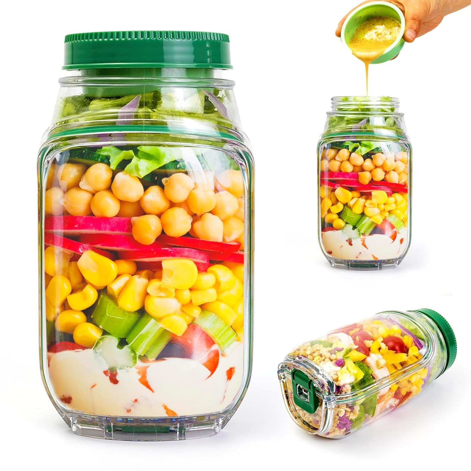 Elebxy Salad Container With Dressing Cup, Reusable Meal Prep Salad Jar, Leakproof Lunch Food Storage Container For Work, Travel 