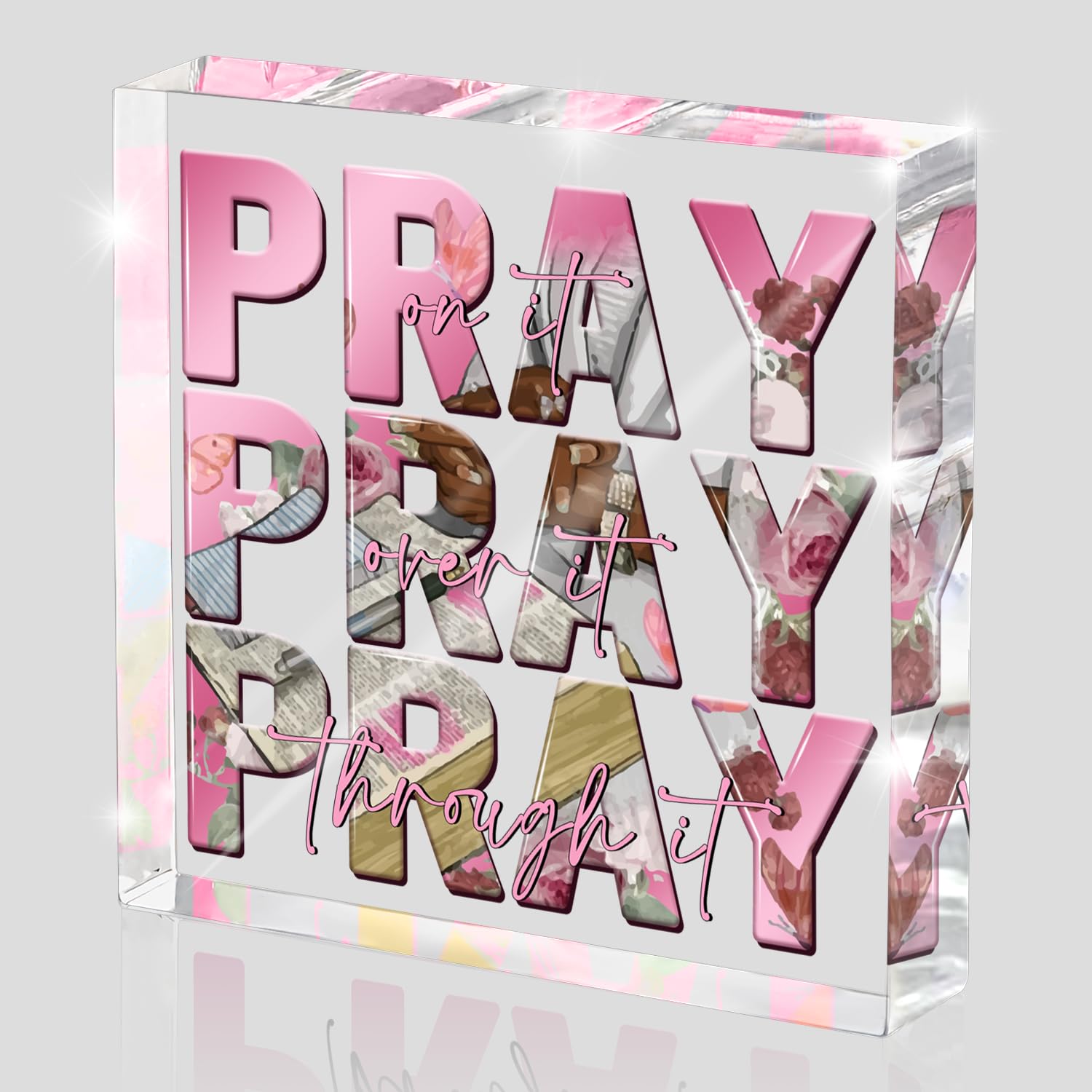 Religious Gifts for Women, Pink Inspirational Decor Pray Over It Bible Verse Art Christian Gifts, 4x 4 Inches Office Desk Access