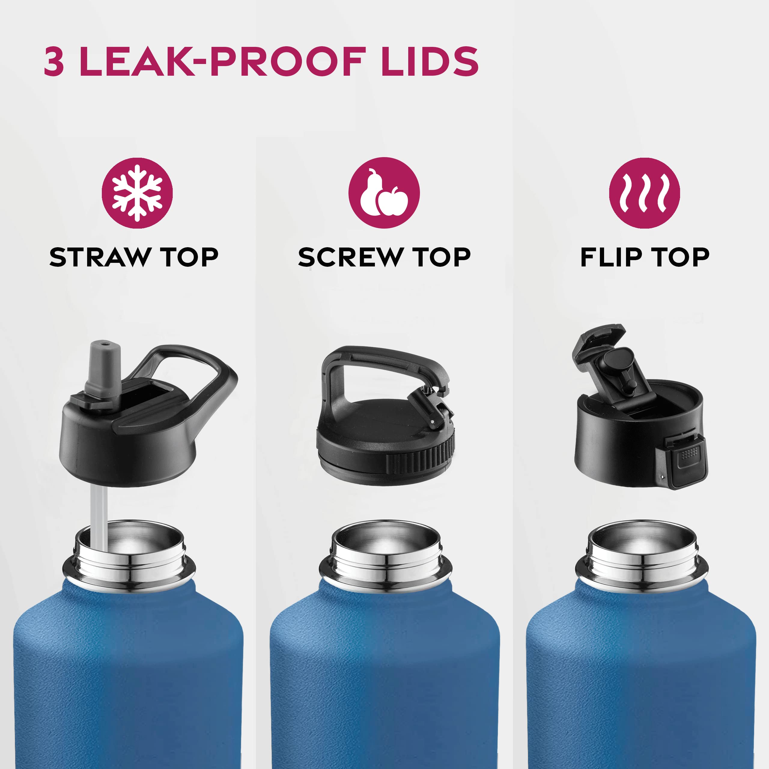 FineDine Triple Walled, Insulated Water Bottles with Straw - 64 Oz Stainless Steel Metal Bottle W/ 3 Leak Proof Lids - For Trave