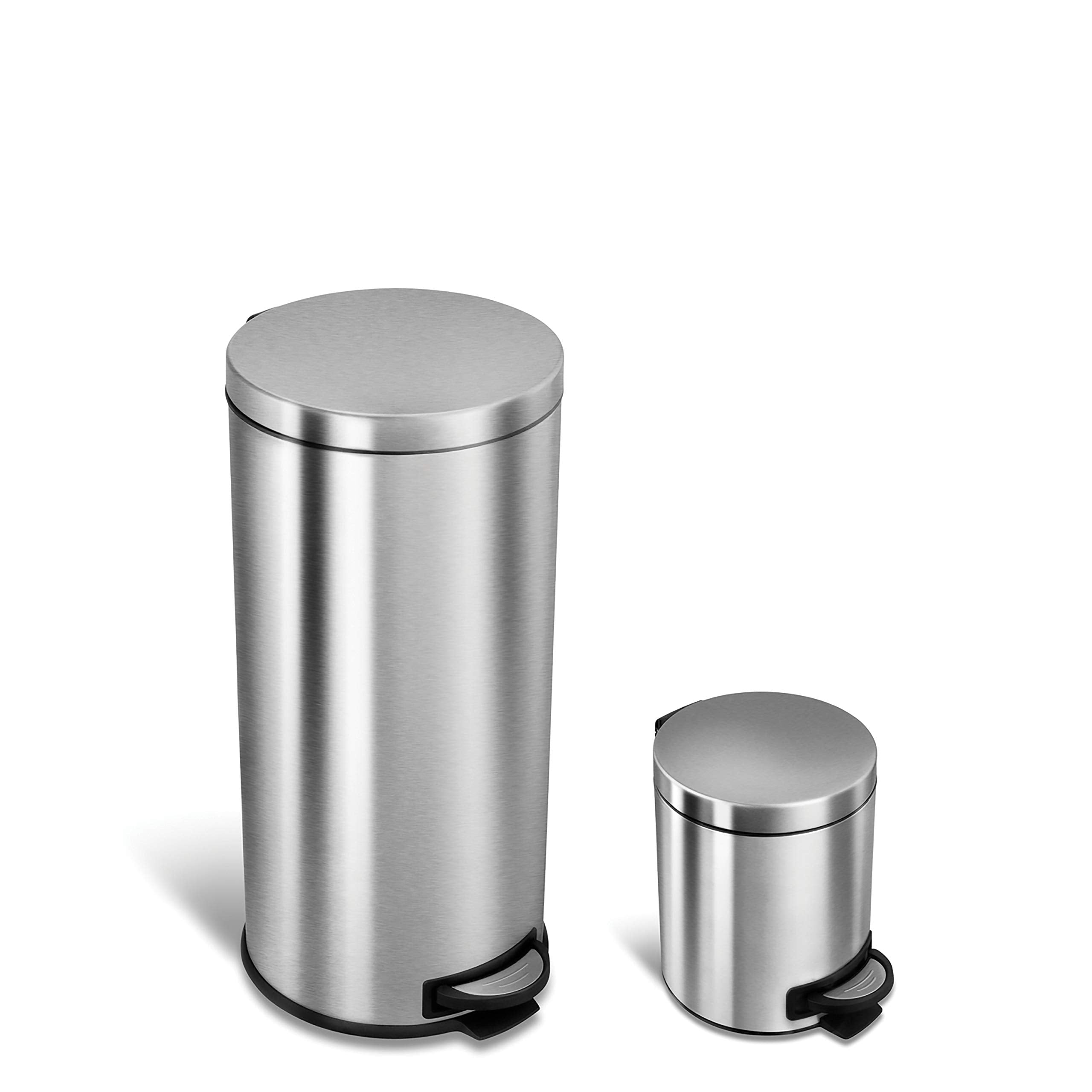 Ninestars Amz-Cb-Sot-30-1/5-1 Cb-Sot-30-1/5-1 Step-On Trash Can Combo Set, 8 Gal 30L & 1.2 Gal 5L, Stainless Steel Base (Round,