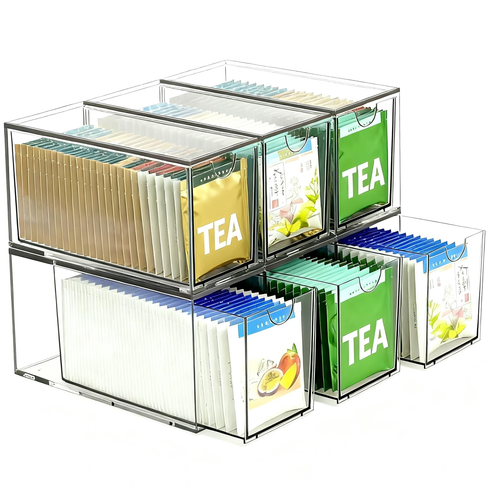 6 Pack Stackable Tea Bag Organizer Drawers  Clear Acrylic Tea Bag Holder for Cabinet, Drawer, Pantry, Countertop  Kitchen Tea 