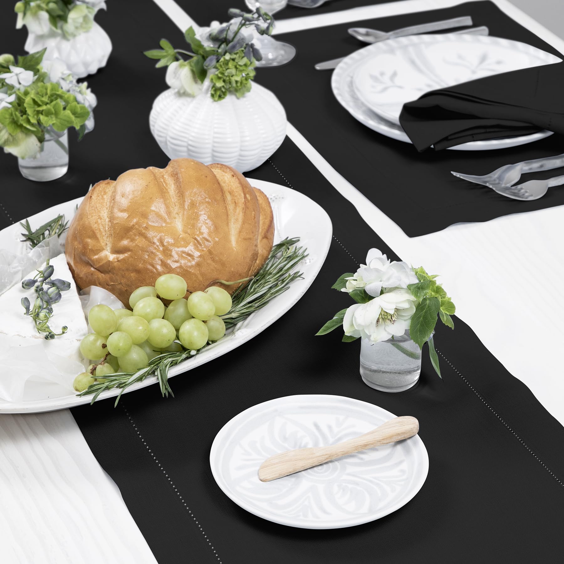 Solino Home Linen Black Table Runner 144 Inches Long - 100% Pure Linen Classic Hemstitch Dining Table Runner 14 X 144 Inch Ideal