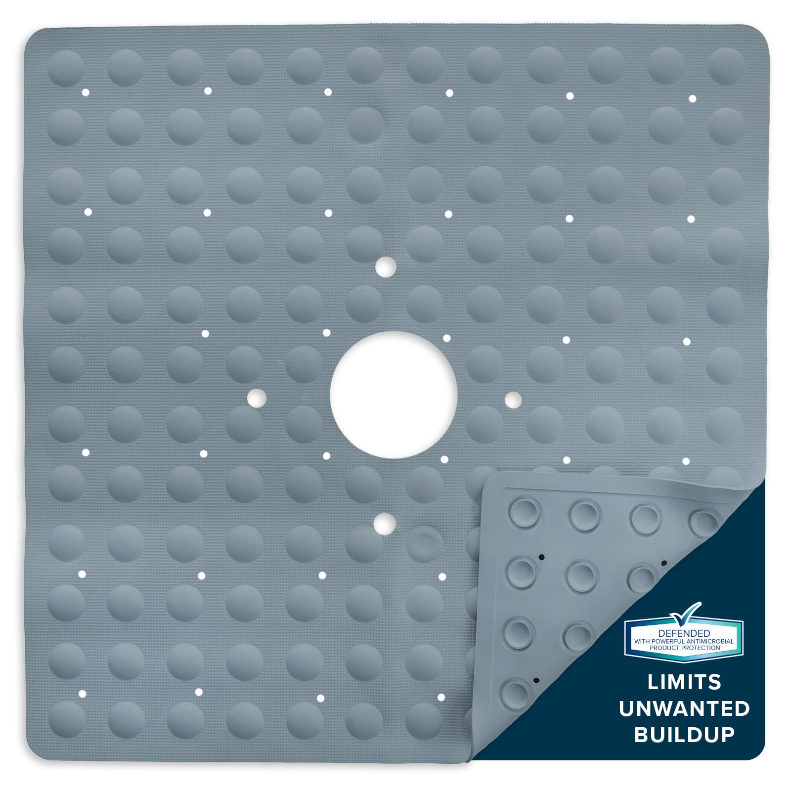 SlipX Solutions Microban-Infused Rubber Shower Mat  21'' x 21''  Anti-Slip Square Bath Mat w/ 140 Power Grip Suction Cups  Gray