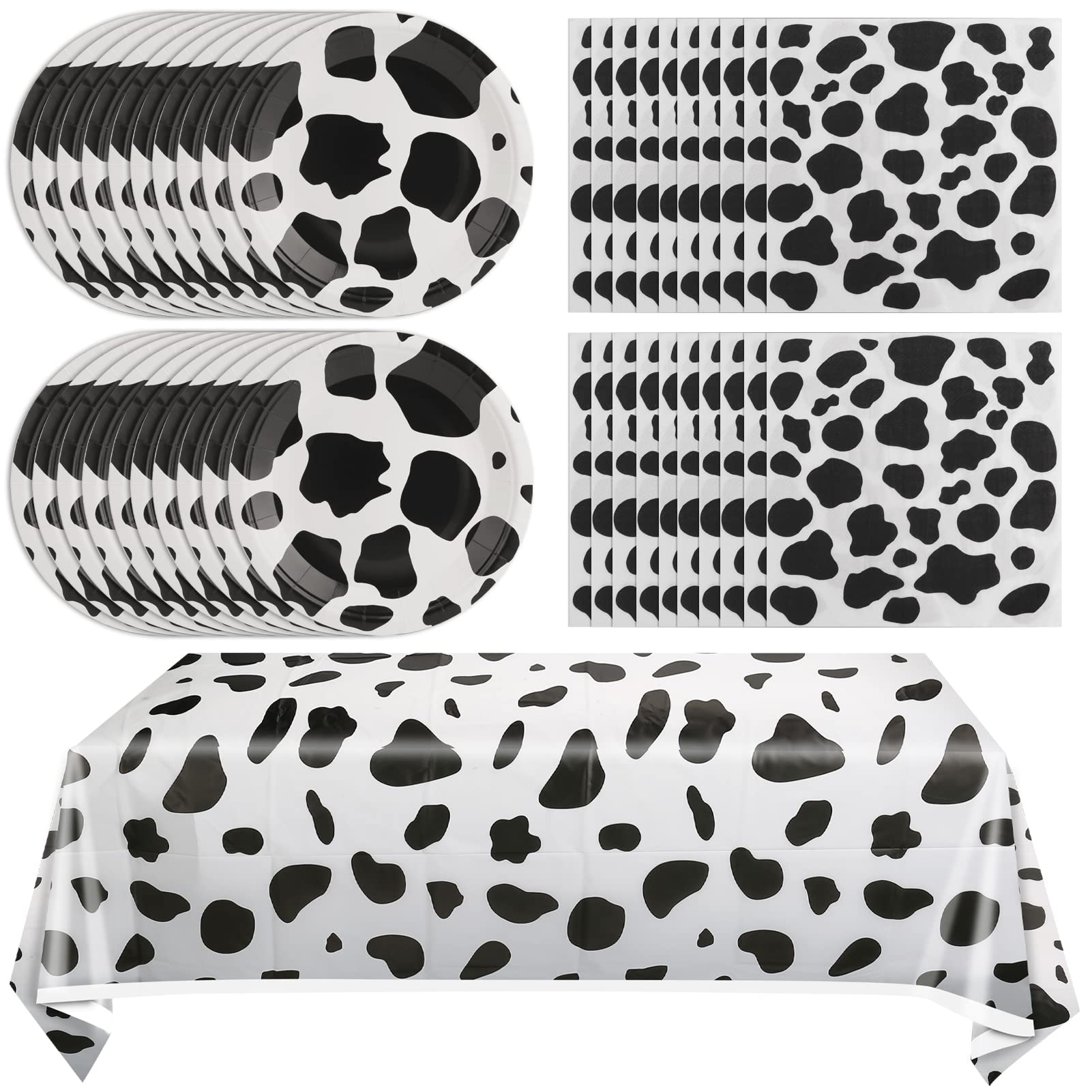 Juhap Cow Birthday Party Supplies - Farm Cow Print Birthday Party Tableware Includes 20 Party Plates, 20 Napkins And 1 Tableclot