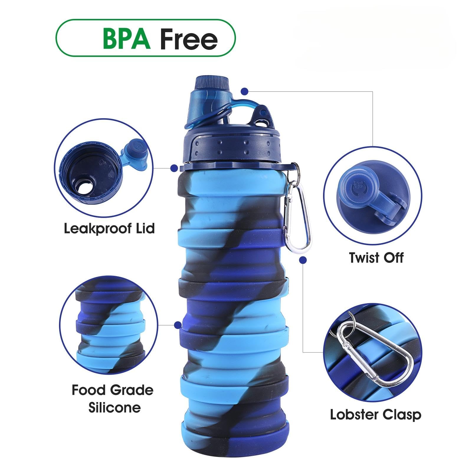 MAKERSLAND Rainbow Collapsible Water Bottles for Kids  Students  Adults  Reusable BPA Free Silicone Foldable Sports Water Bottles for Travel Camping Hiking  Folding Travel Water Bottles  Ocean Blue