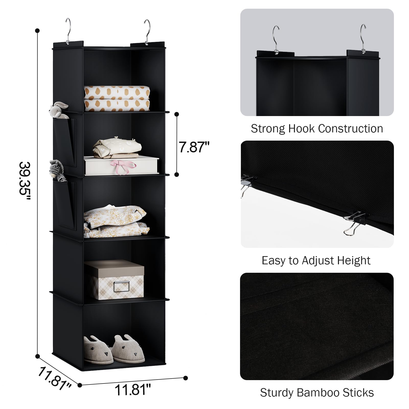 Youdenova Hanging Closet Organizer, 5-Shelf Closet Hanging Storage Shelves, Black
