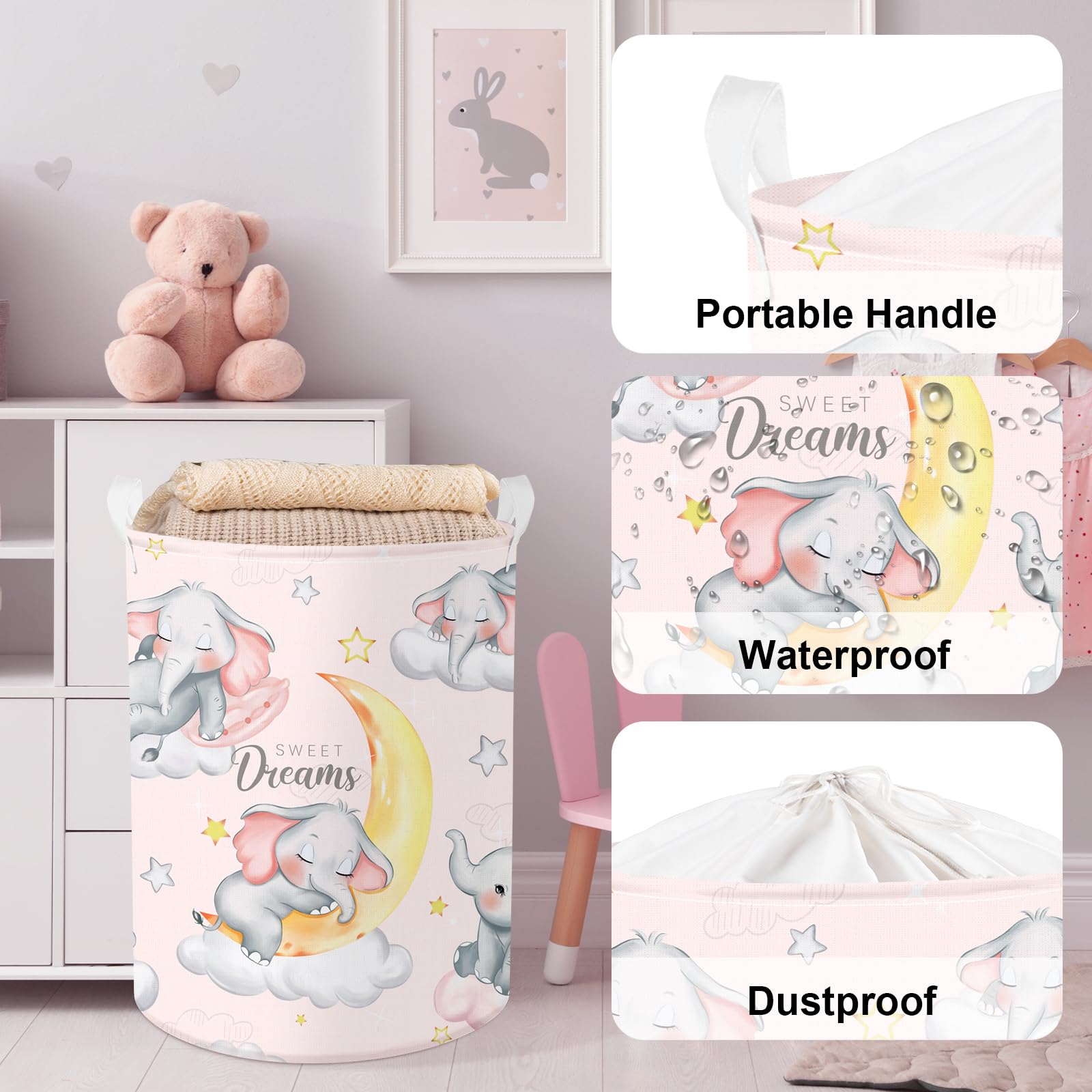 Clastyle Sleeping Elephant Kid Laundry Basket Pink Baby Girls Clothes Hamper For Nursery Collapsible Star Moon Towel Toy Storage