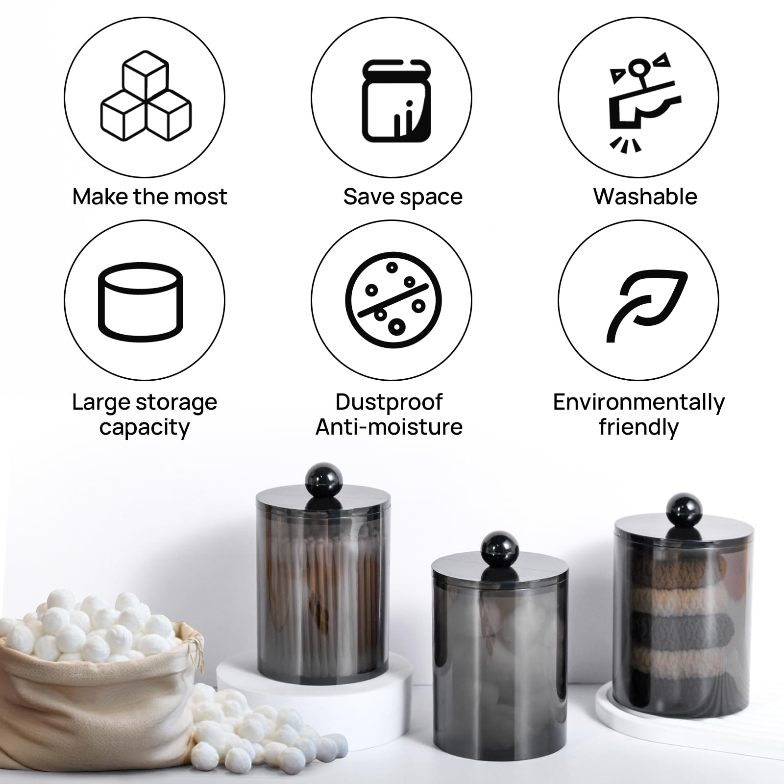Xipengkeji 2 Pack Qtip Holder-10 Oz, 12 Oz, Qtip Holder Dispenser For Bathroom Canister Storage Organization, Vanity Makeup Orga