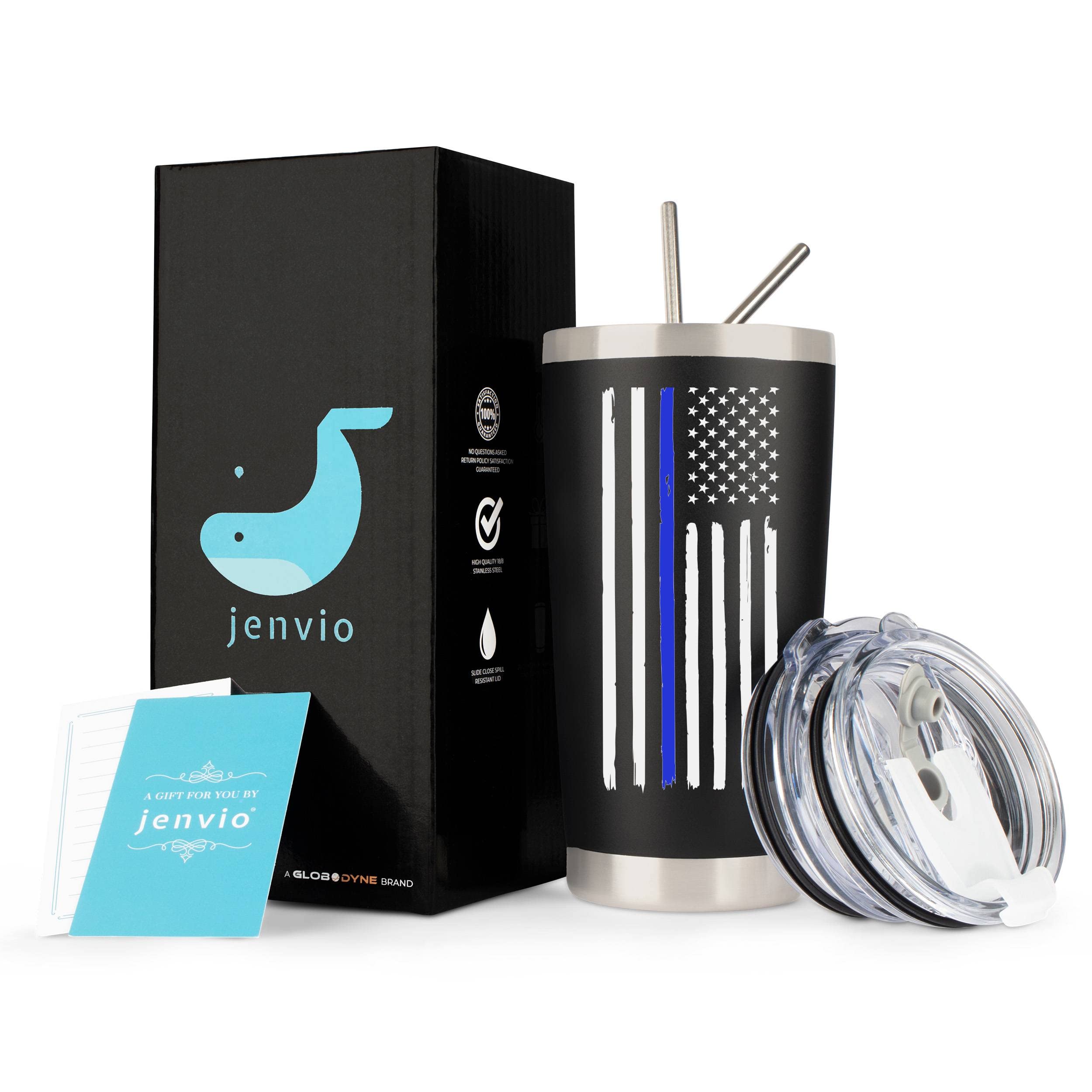 Jenvio Thin Blue Line Police Tumbler | Stainless Steel Travel Mug Including 2 Lids 2 Straws Gift Box For Coffee Cup | Correction