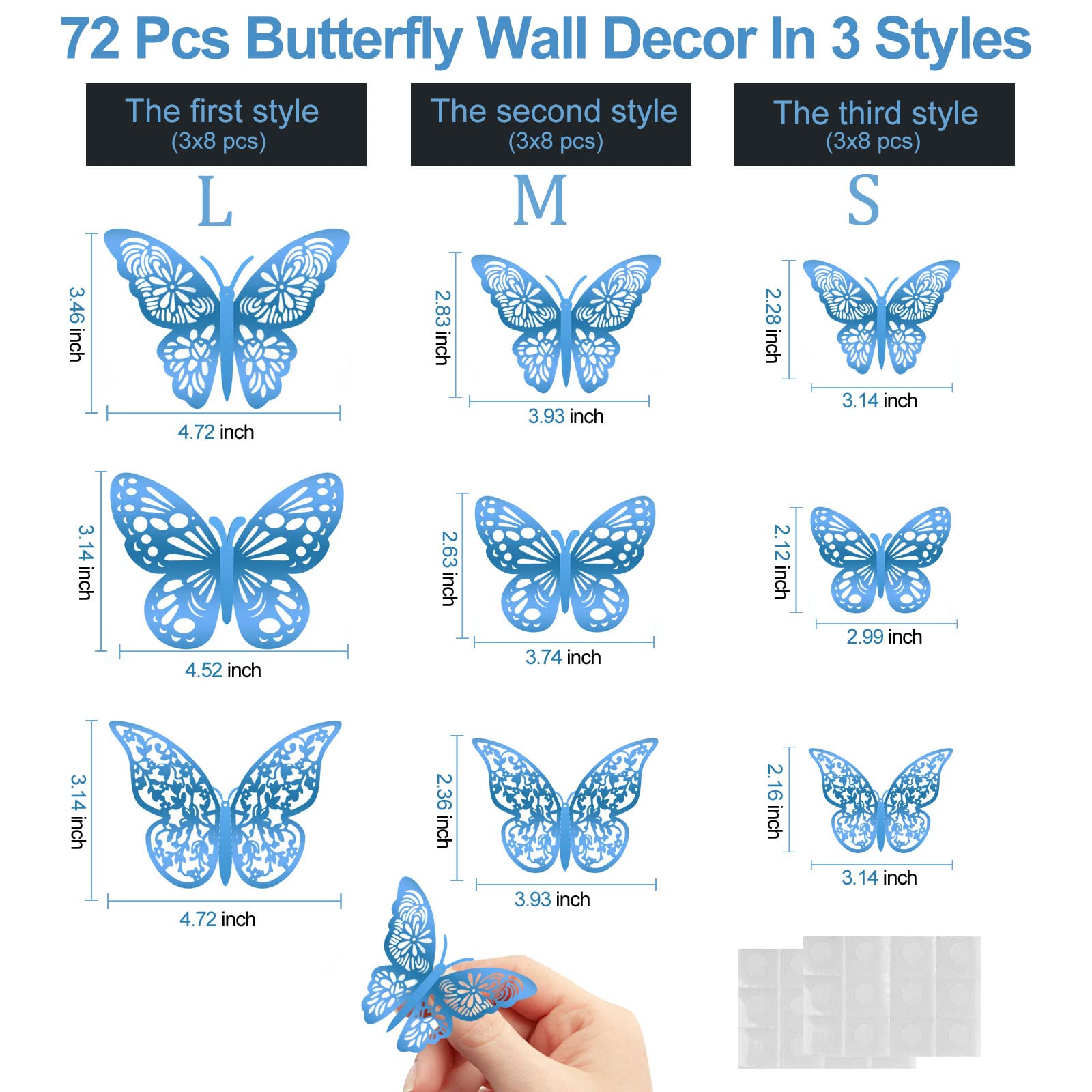 Butterfly 72 Pcs Wall Decor  3 Styles 3 Sizes 3D Gold Butterfly  Blue Butterfly  Wedding Decorations  Birthday Party Decorations  Girls Bedroom Decoration (72 Pcs  Blue)