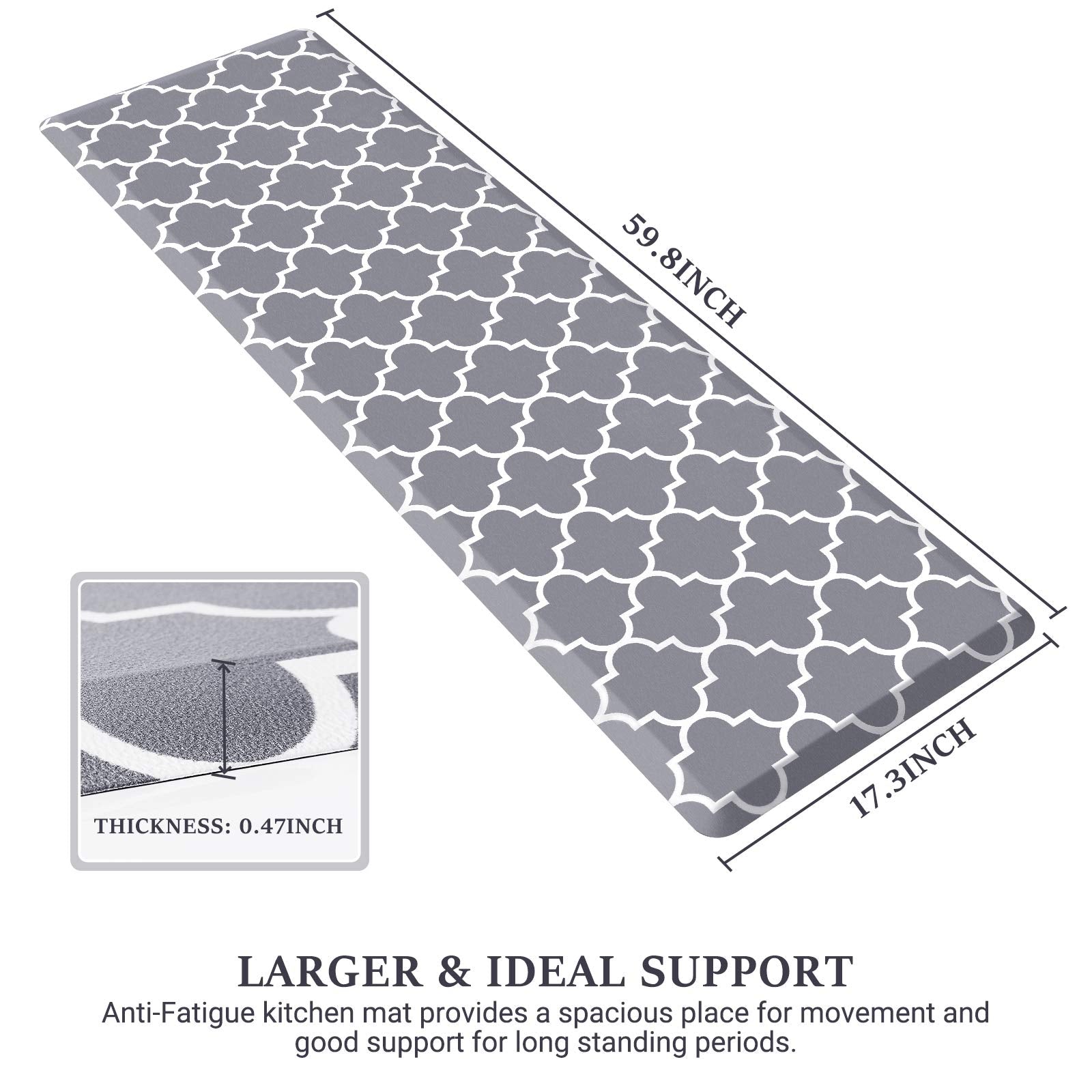 WISELIFE Kitchen Mat Cushioned Anti-Fatigue Kitchen Rug 17.3''x 60'' Non Slip Waterproof Kitchen Mats and Rugs Heavy Duty PVC Ergonomic Comfort Mat for Kitchen  Floor Home  Office  Sink  Laundry   Grey
