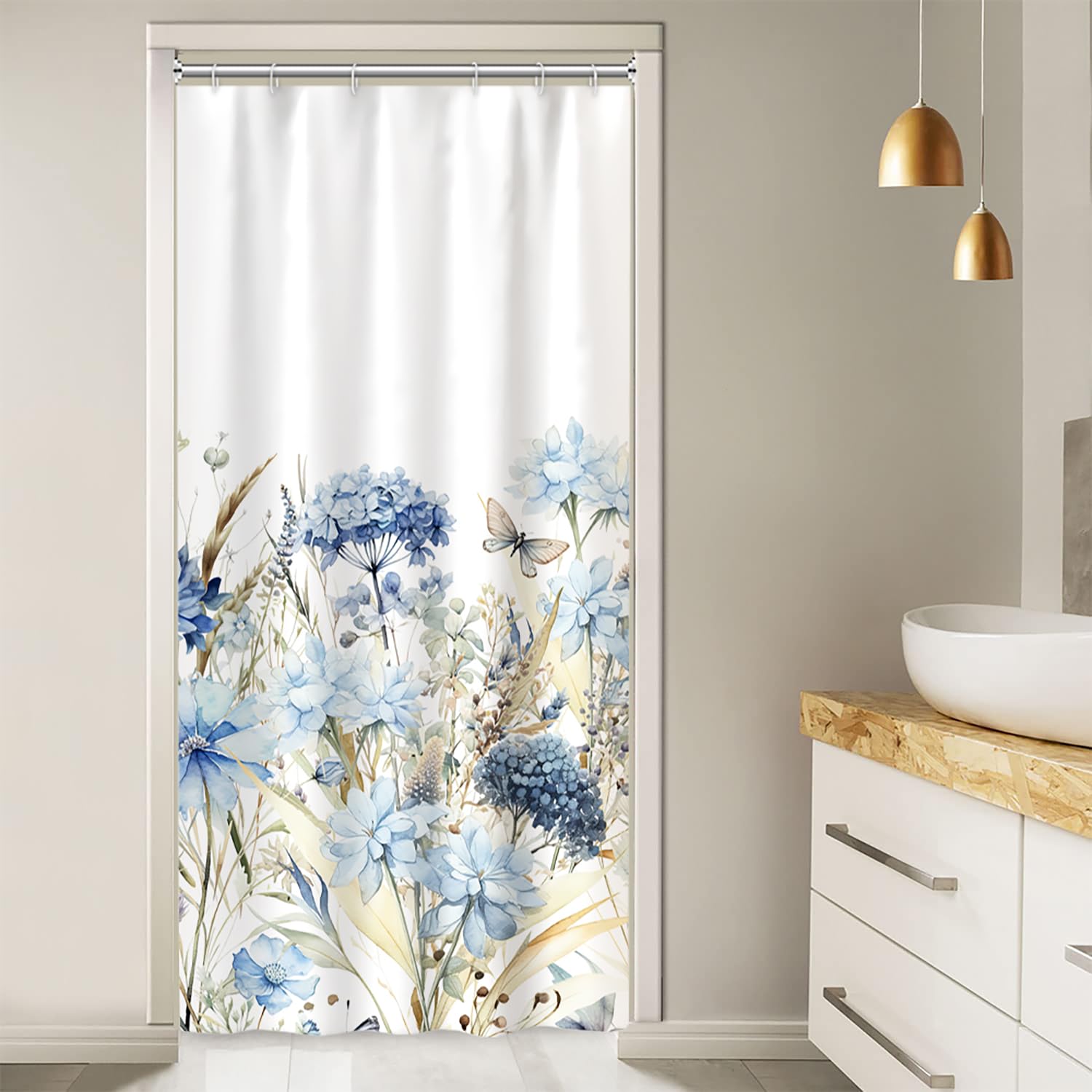 Ruelvth Stall Shower Curtain, Blue Hydrangea Floral Small Shower Curtain Set With Hooks Waterproof Fabric Aesthetic Rv Bathroom