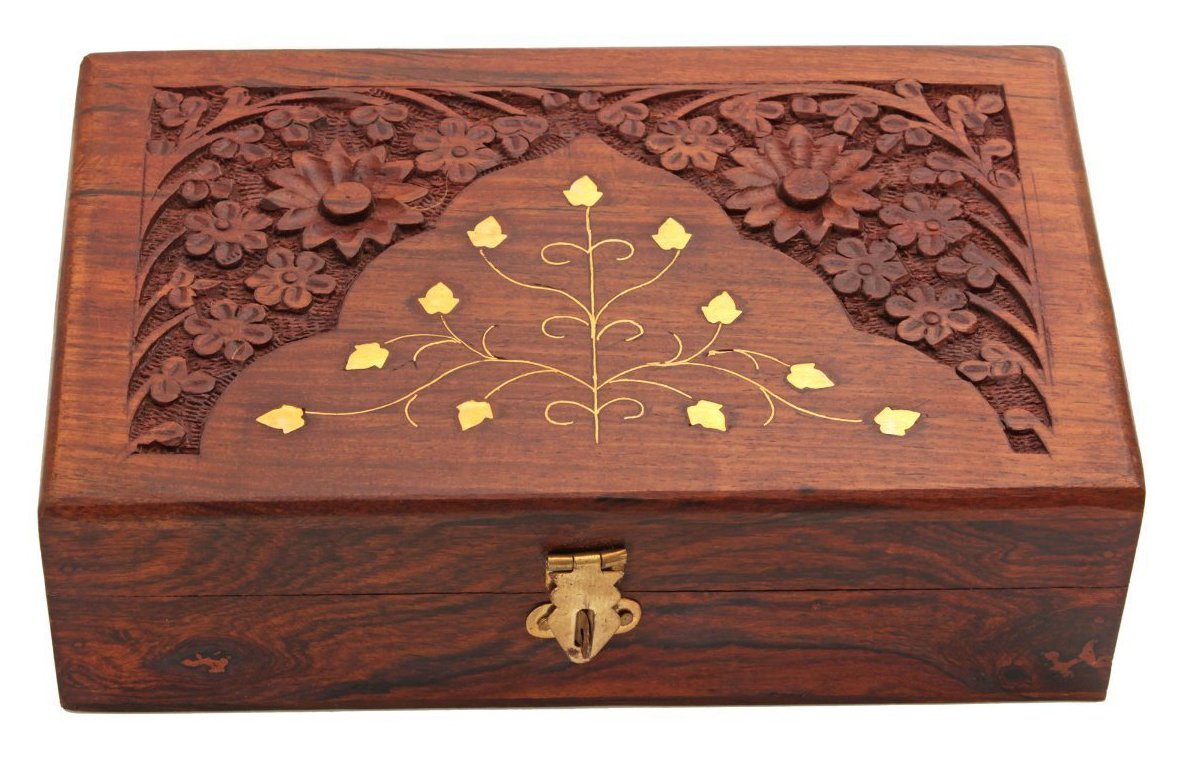 Rgrandsons Handmade Wooden Keepsake Storage Box Jewelry Trinket Holder Organizer Floral Hand Carvings With Brass Inlay 8 Inch