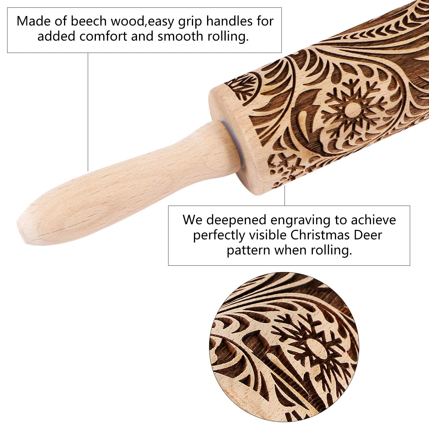Embossed Wooden Rolling Pin For Baking,Evermarket Deep Engraved Embossing Rolling Pin With Christmas Snowflake Flower Design For