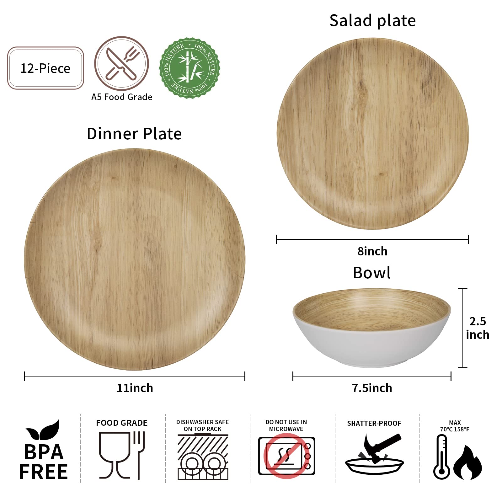 Melamine Dinnerware Set - 12pcs dinnerware set Indoor and Outdoor use, Bamboo Pattern Dishes Dinnerware Set for 4,Dishwasher Saf