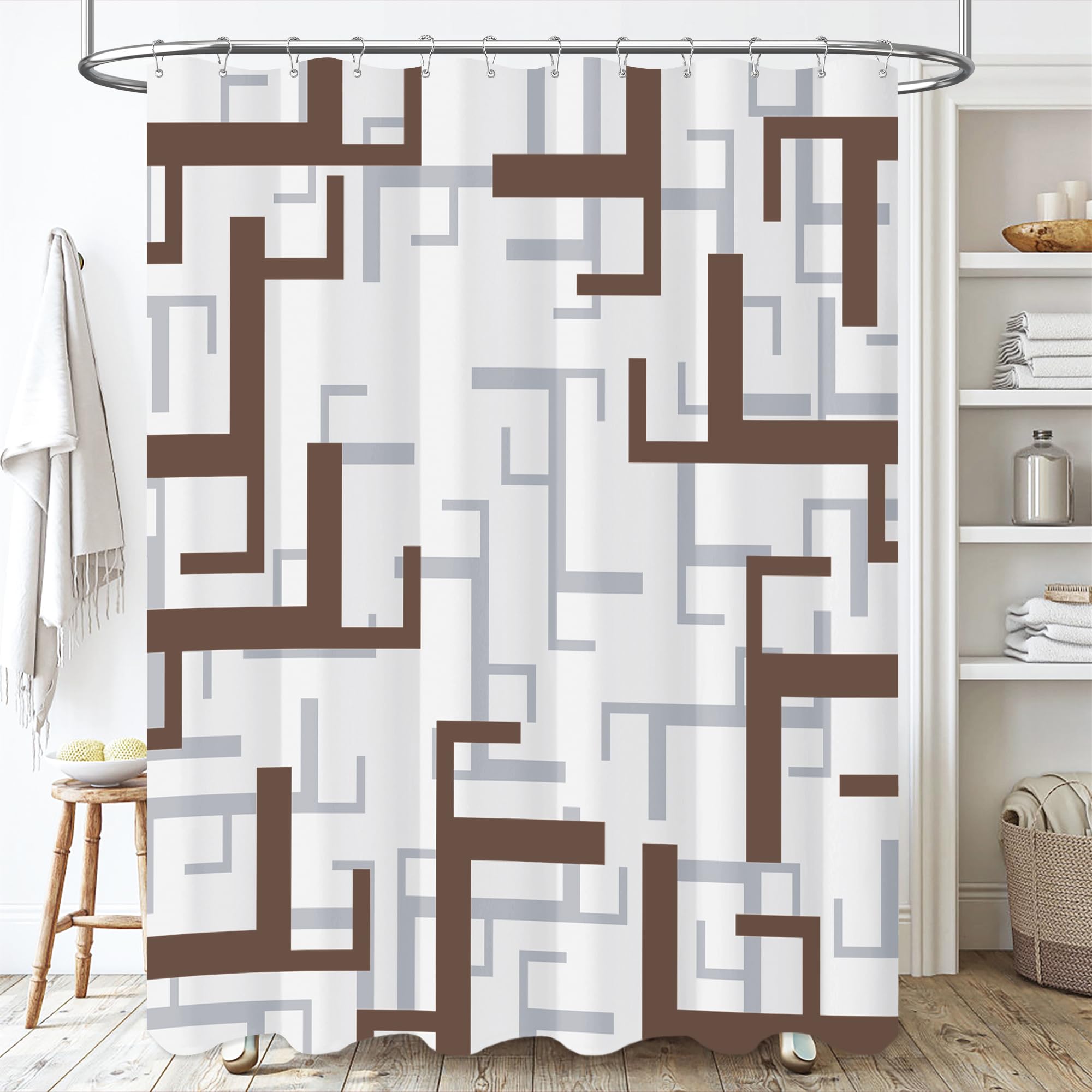 BTTN Extra Long Fabric Shower Curtain - 72x84 Inches Long Geometric Fabric Shower Curtain Set with 12 Plastic Hooks  Large Modern Water-Repellent Polyester Cloth Shower Curtains for Bathroom - Brown