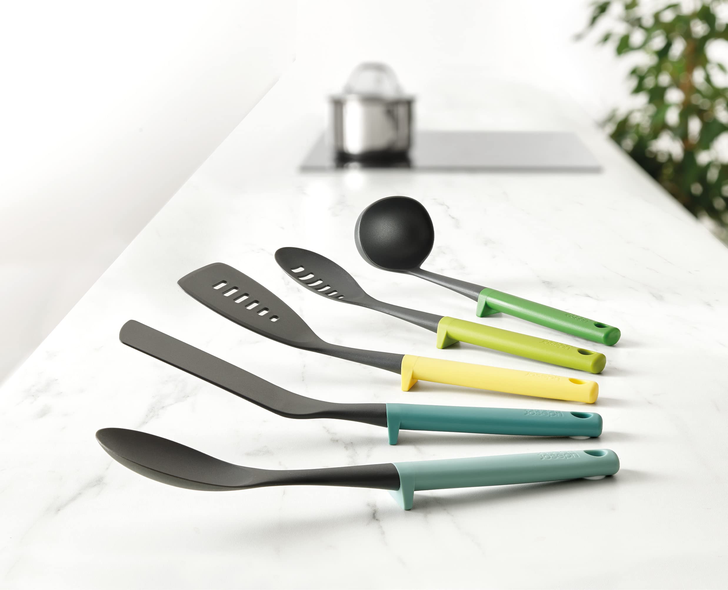 Joseph Joseph Duo 5-Piece Utensil Set with Integrated Tool Rests: Vibrant Set with Solid & Slotted Spoons, Turners, and Ladle, H