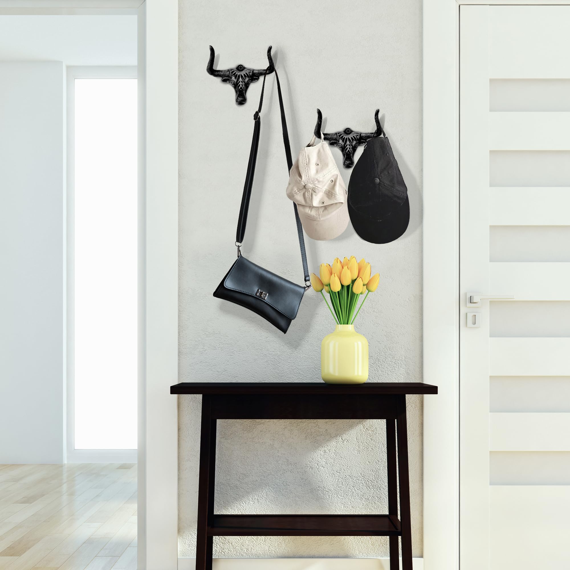 Zuhsan Cowboy Hat Hanger For Wall, Unique And Modern Metal Cowboy Hat Rack Cast Iron Cowgirl Hat Hanger Western Longhorn Hook Fo