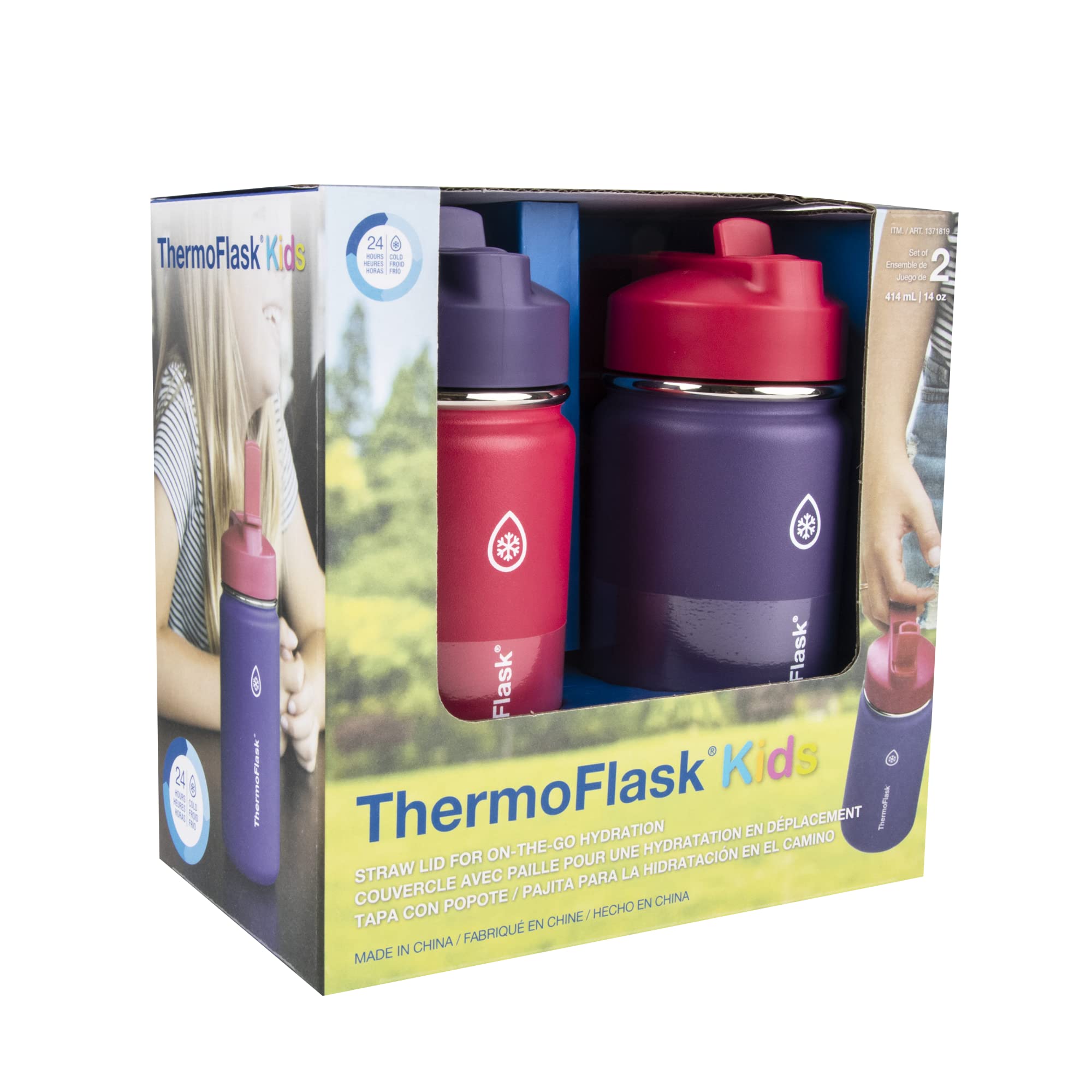 Thermoflask 14 Oz Double Wall Vacuum Insulated Stainless Steel 2-Pack Of Water Bottles, Punch/Eggplant