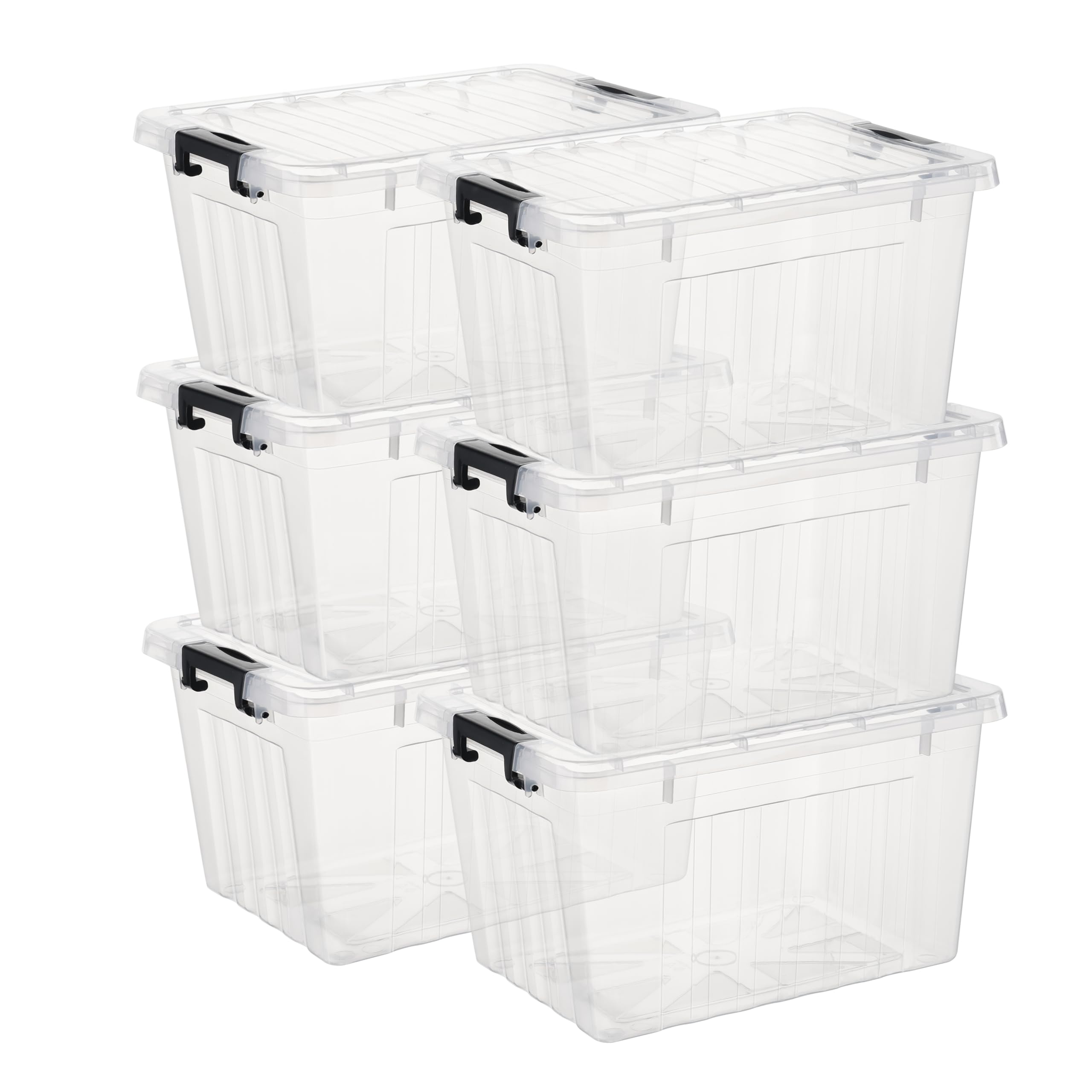 Cetomo Plastic Storage Bin Box Stackable And Nestable With Lid And Secure Latching Buckles, Clear, 18Qt X 6, Pack Of 6