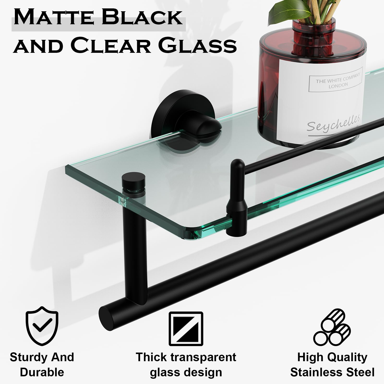 Kocok Glass Shelves For Bathroom With Towel Bar,24-Inch Black Rectangular Glass Shelf Bathroom Shelves With Towel Rack Modern Te