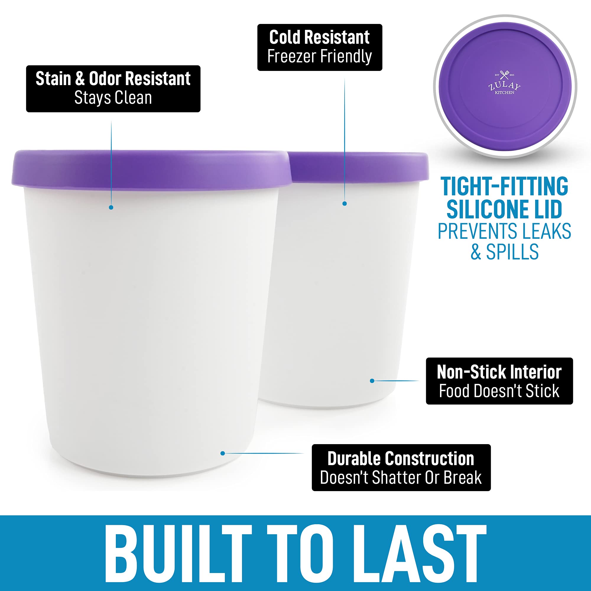 Zulay [2 Pack - 1 Quart Each] Large Ice Cream Containers For Homemade Ice Cream - Reusable Ice Cream Container Set With Lids - I