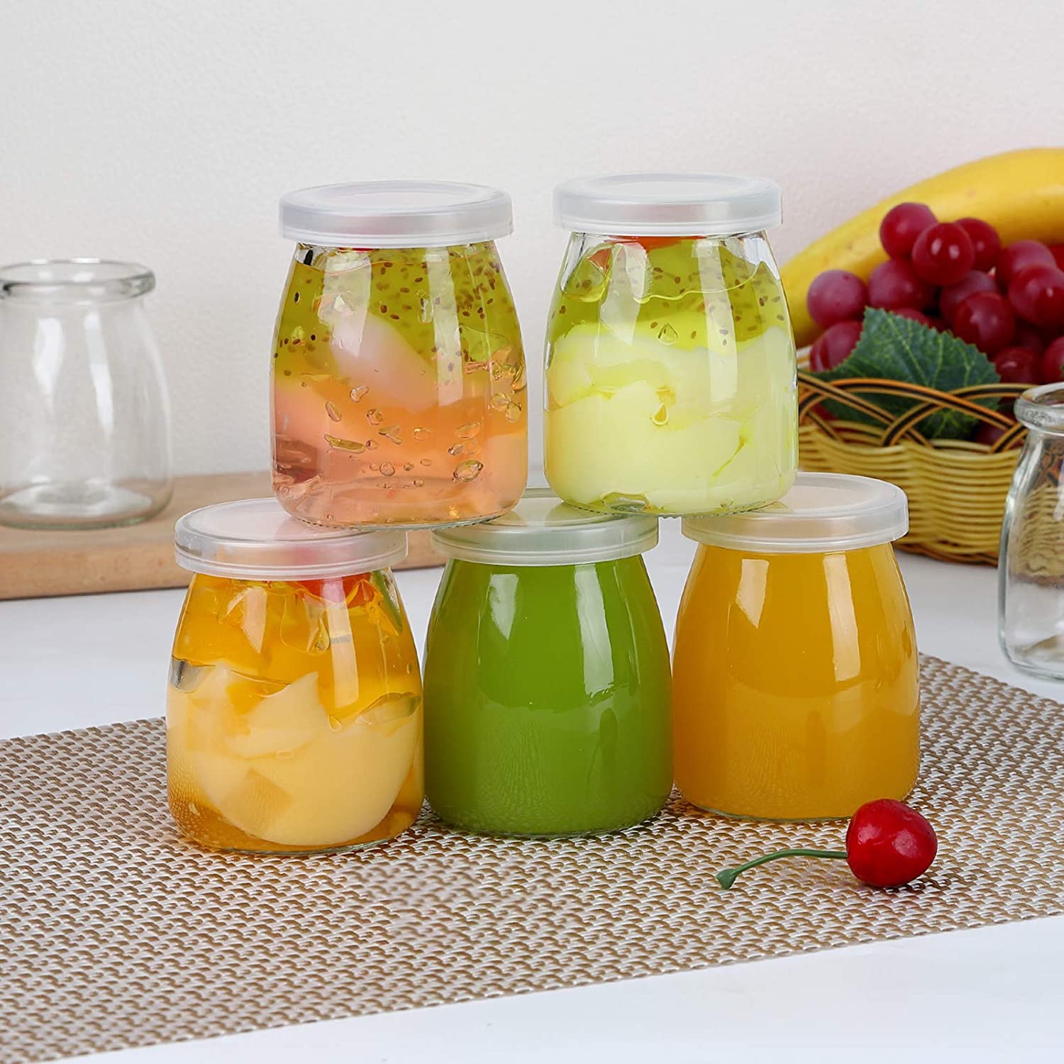 Brezzycloud Glass Jars Yogurt, Set Of 5 Clear Pudding Jar With Lid  Glass Jars Yogurt Maker And Milk, Parfait, Spices And More 
