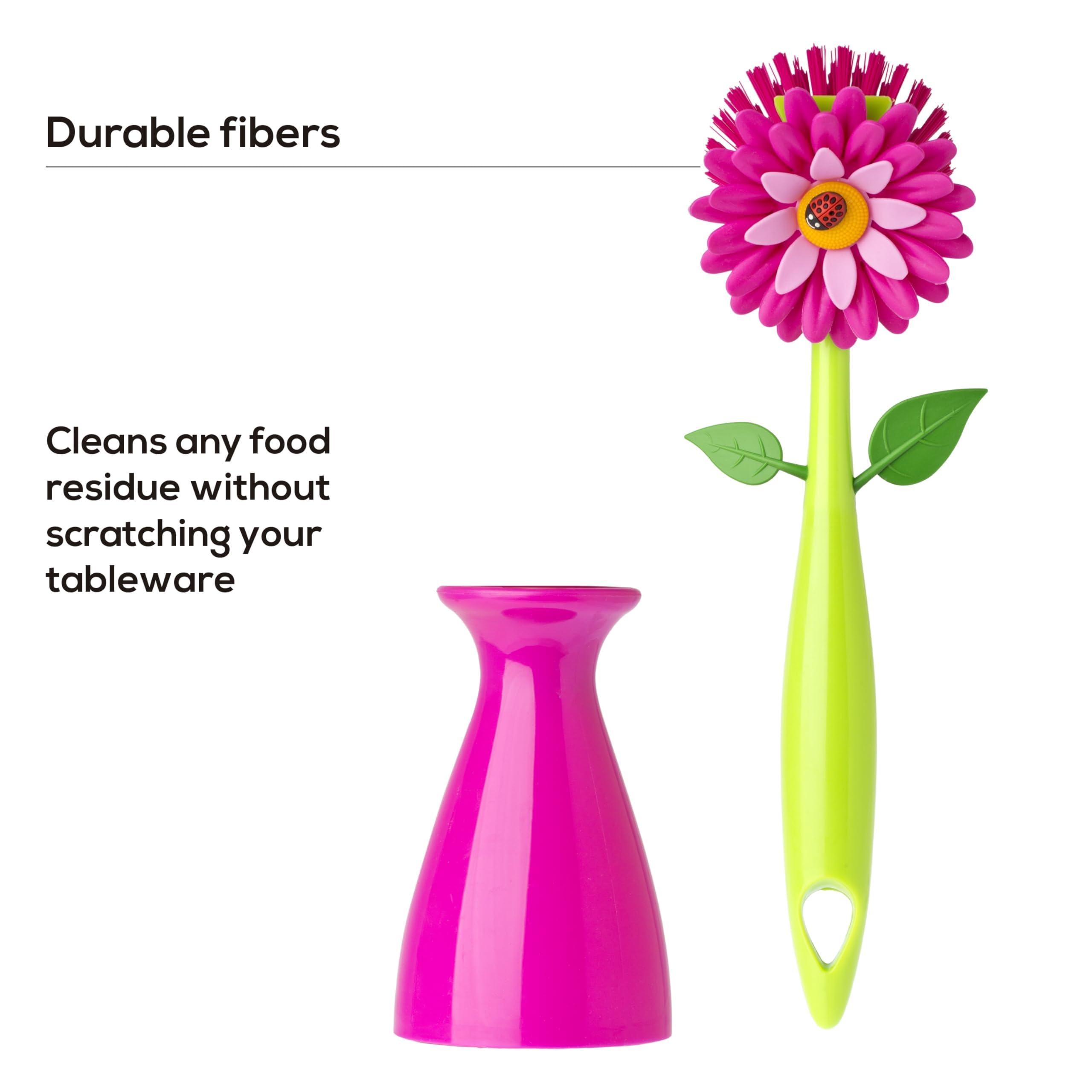 Vigar Flower Power Pink Dish Brush With Vase, 10-Inches, Pink, Green