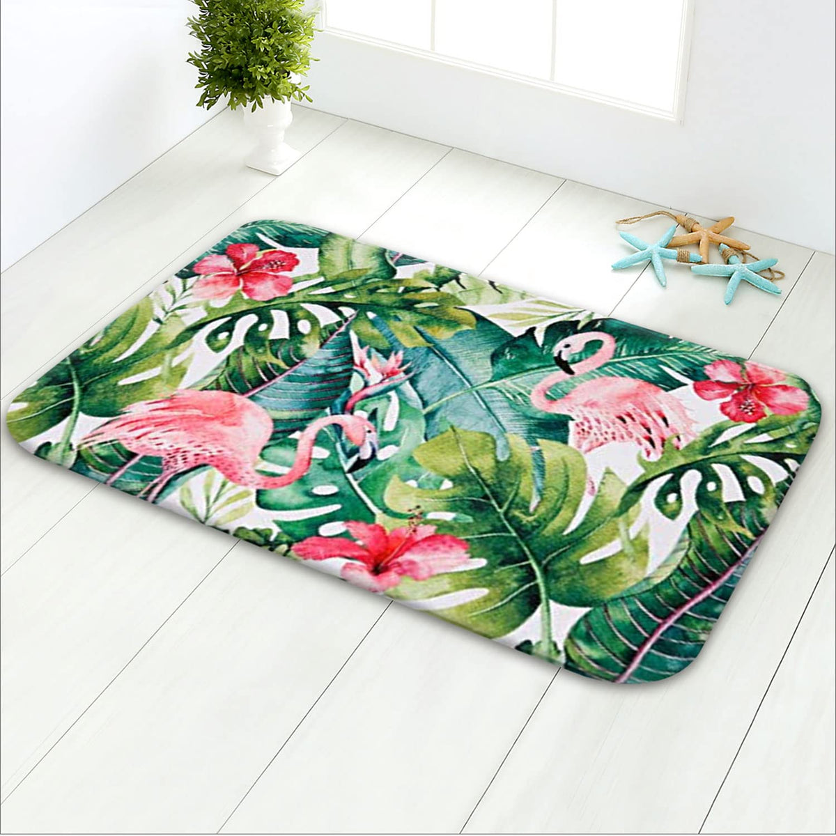Livilan Green Bathroom Rug, Green Bath Mat, Leaf Bath Mat, Leaf Bathroom Rug, Tropical Bath Mat, Tropical Bathroom Rug, Flamingo