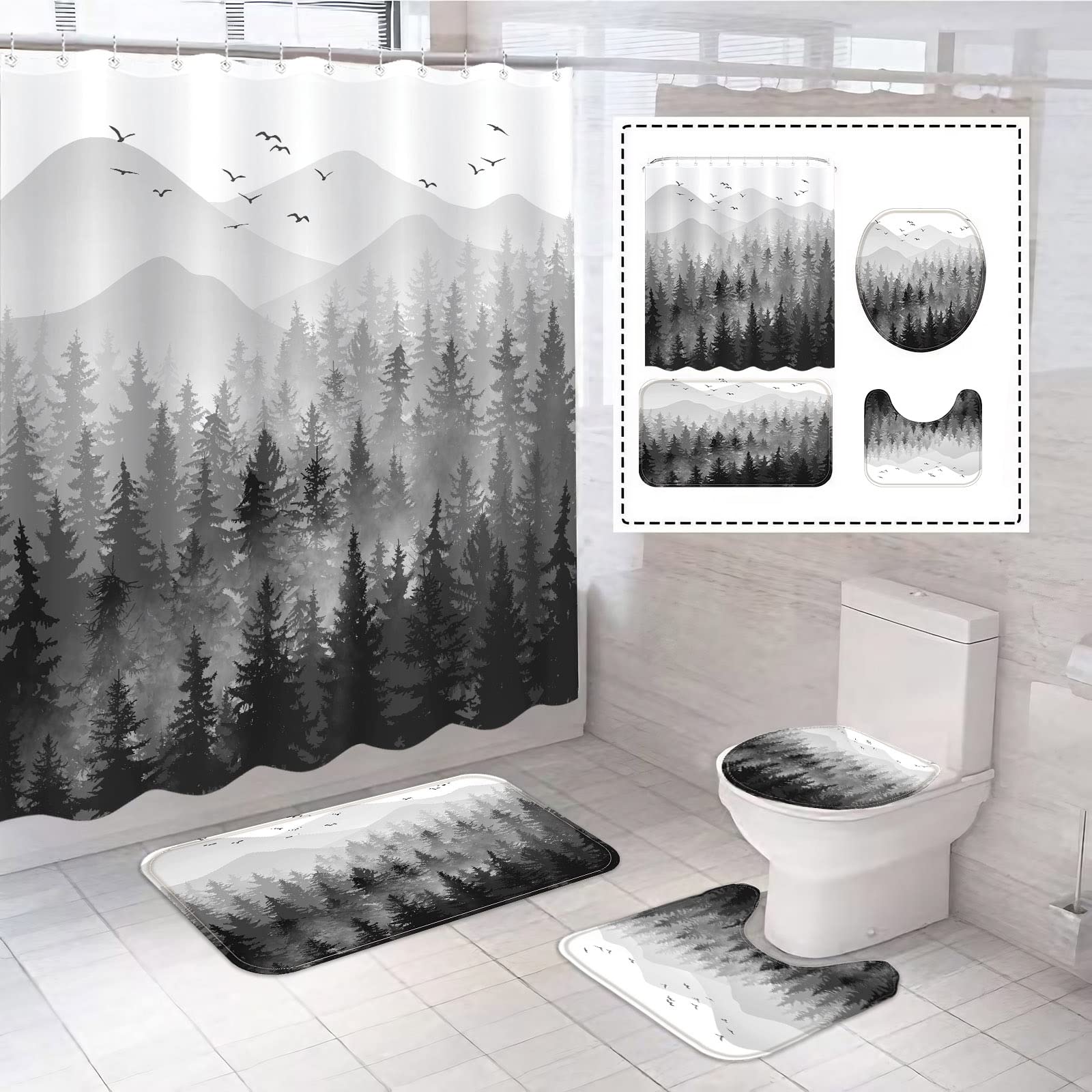 Fungarth 4 Pcs Black White Misty Forest Shower Curtain Set With Rug Mountain Bathroom Sets With Waterproof Fabric Shower Curtain