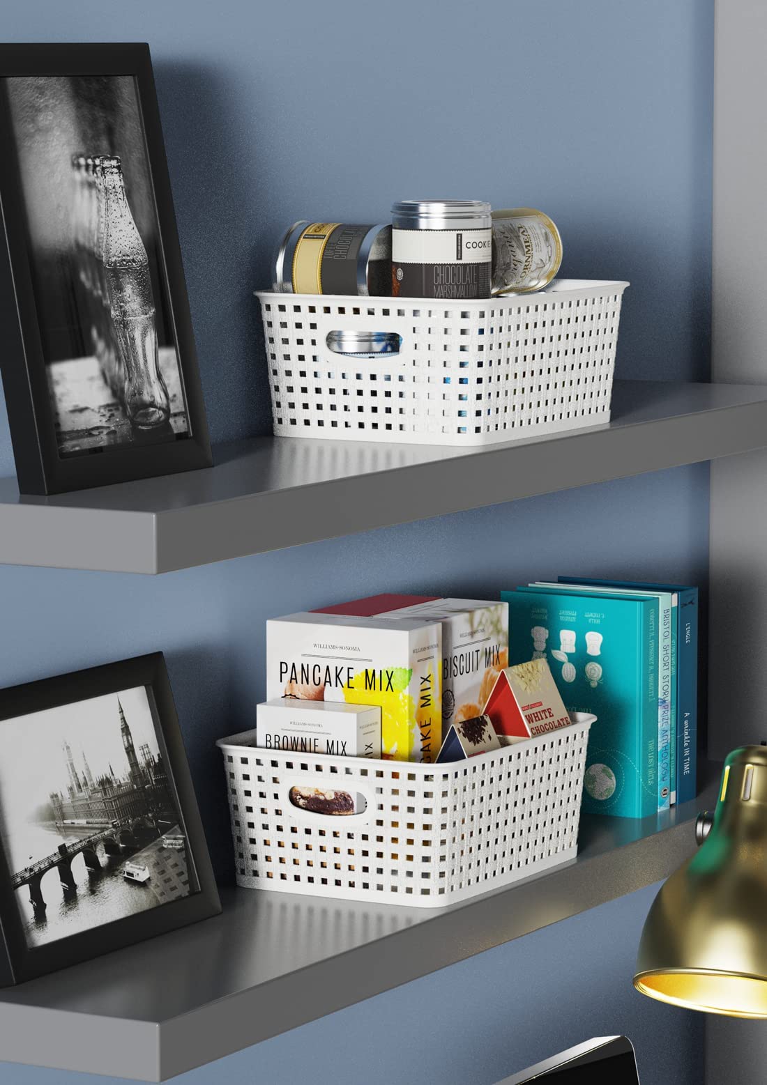 Woven Plastic Storage Baskets, 6 Pack White Weave Bins Organizer, 10.1'' X 7.55'' X 4.1''