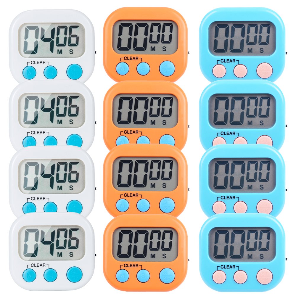 12 Pack Small Digital Kitchen Timer Magnetic Back and ON/Off Switch,Minute Second Count Up Countdown(White,Blue,Orange