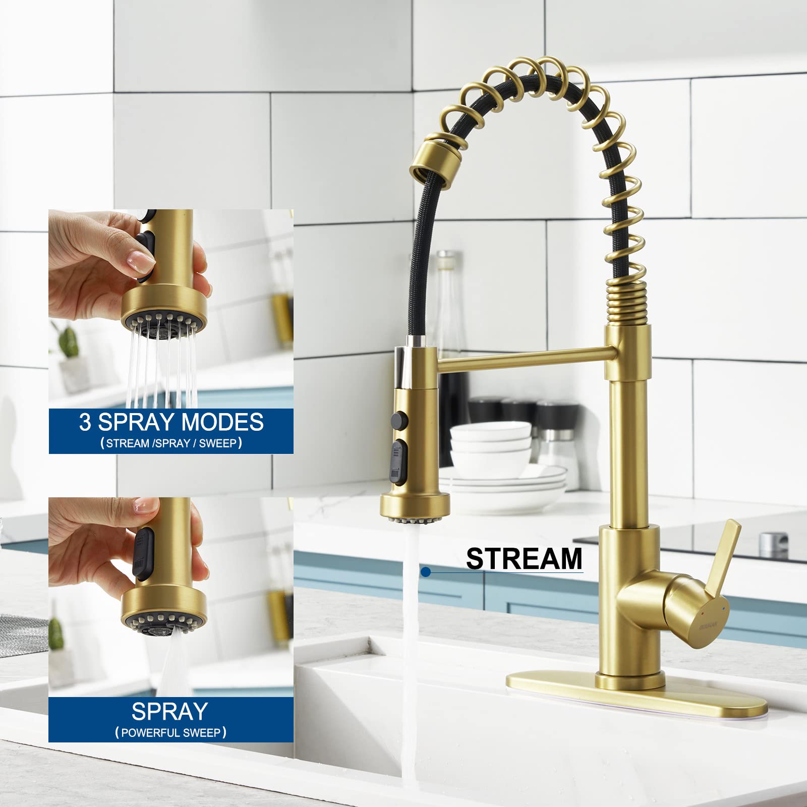 Guukar Gold Kitchen Faucet With Pull Down Sprayer, Single Handle Brushed Gold Faucet For Kitchen Sink, Commercial Farmhouse Kitc