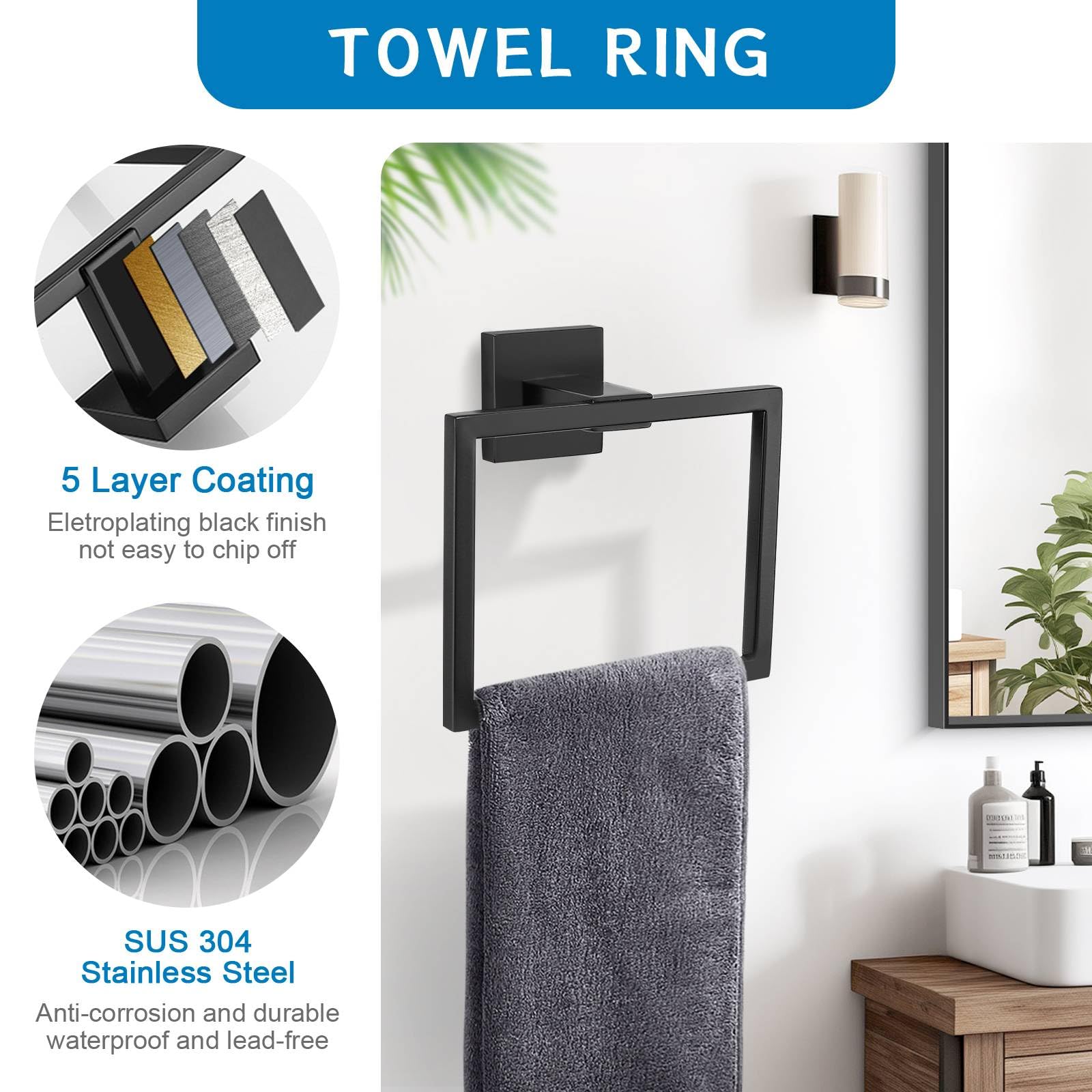 TNOMS 5 Pieces Bathroom Hardware Accessories Set Black Towel Bar Set Wall Mounted Stainless Steel 23.6-Inch.