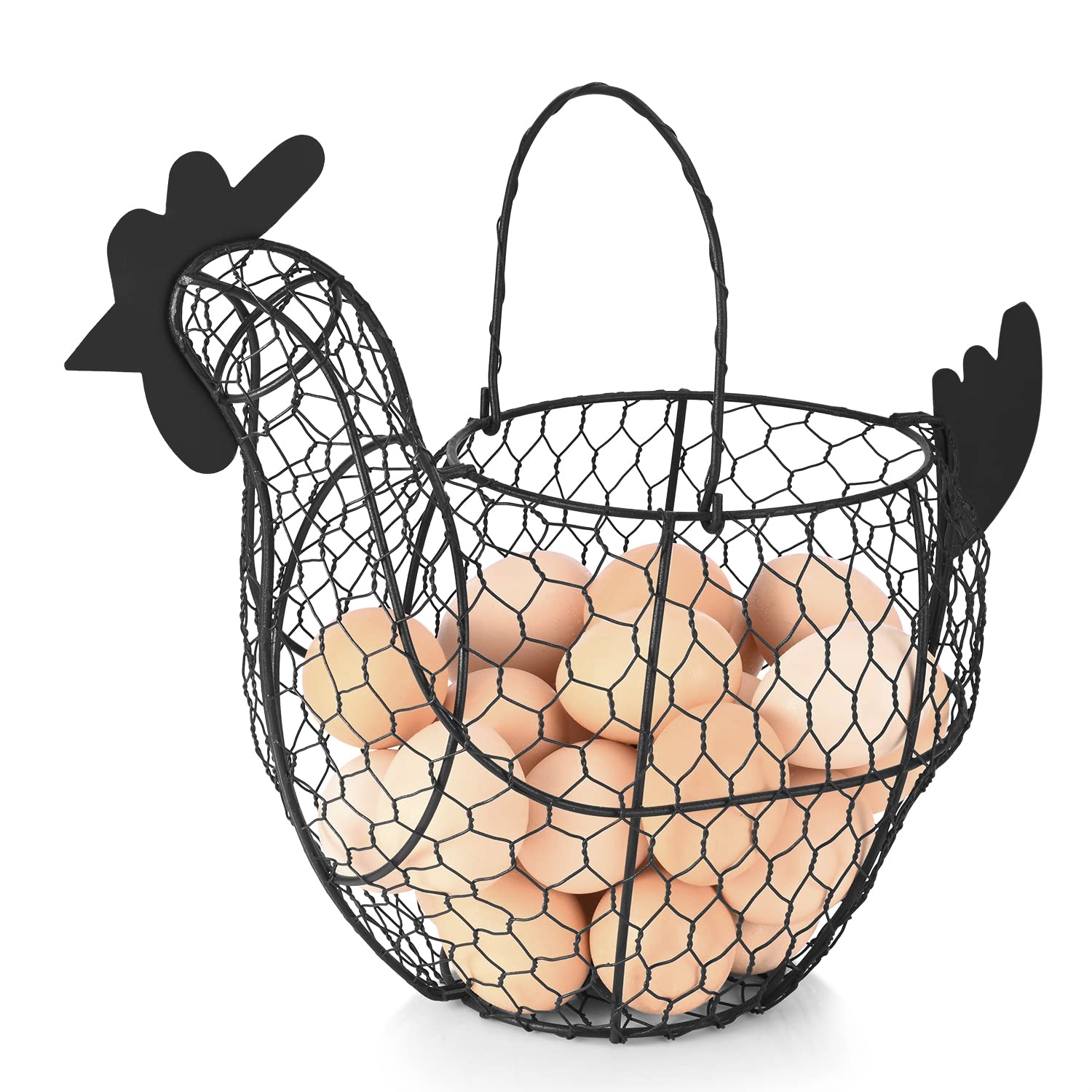 Flexzion Chicken Egg Basket, Small Wire Egg Collecting Basket with Handle for Farm Eggs, Fruits, Vegetables, Metal Wire Chicken 