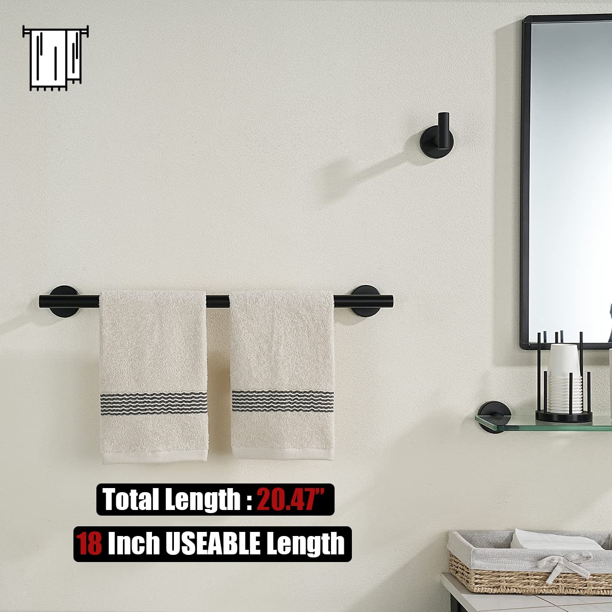 JQK Black Towel Bar  18 Inch 304 Stainless Steel Thicken 0.8mm Towel Rack Bathroom  Towel Holder Matte Black Wall Mount  Total Length 20 Inch  TB110L18-PB