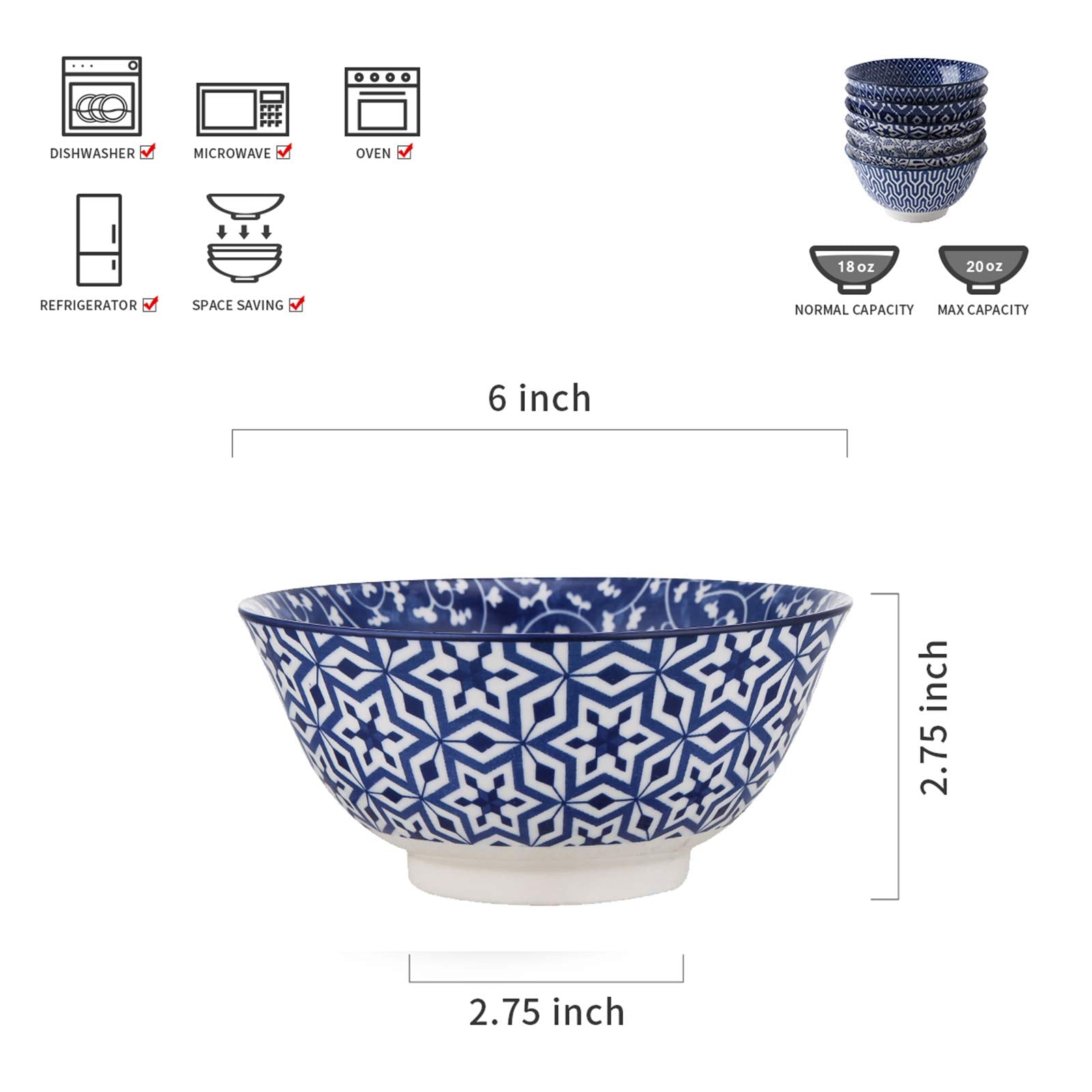 Selamica Blue And White Porcelain 20Oz Cereal Bowl Set - Set Of 6, 6 Inch Soup Bowls, Ceramic Bowls For Cereal, Soup, Salad And